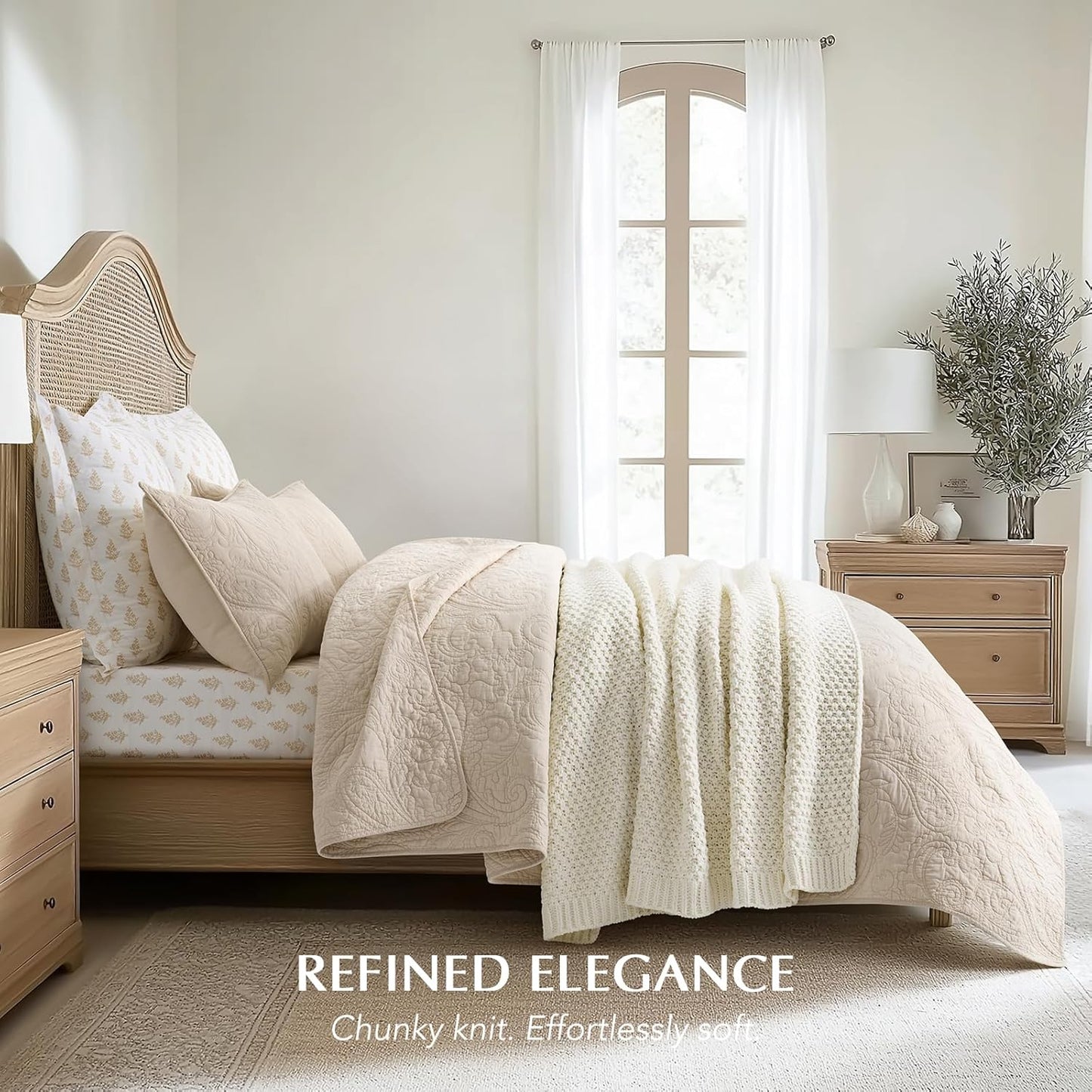 Chunky Chenille Knit Throw Blanket for Couch, Soft Luxurious Moss Stitch Blankets for Bed, Cozy Decorative Farmhouse Knitted Throws for Sofa, Ivory White, 50" x 60"