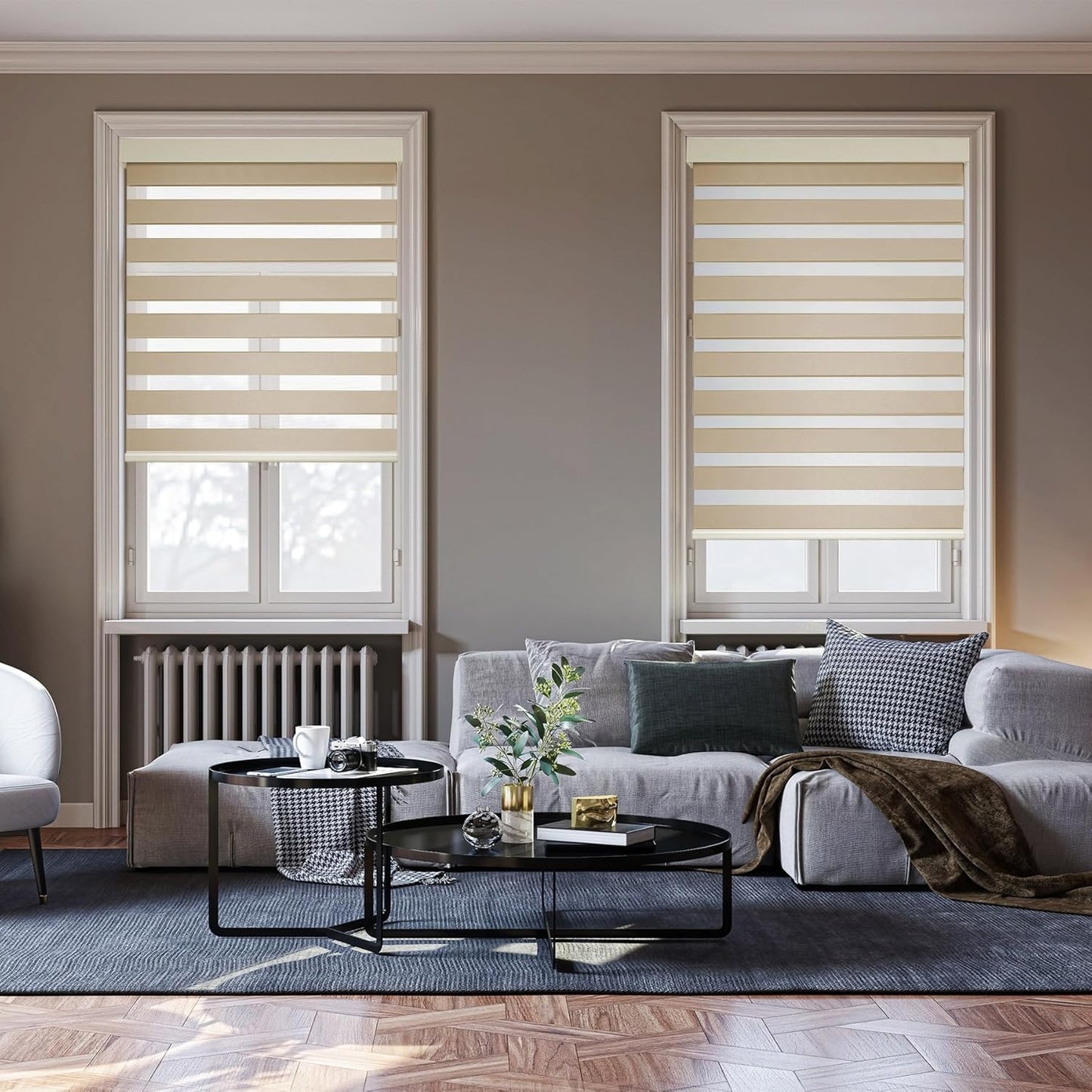 HESTIA Cordless Zebra Blinds Light Filtering Roller Shades UV Blocking Blackout Privacy Indoor Window Shades for Home Office Day and Night, Beige,34" W x 54" H