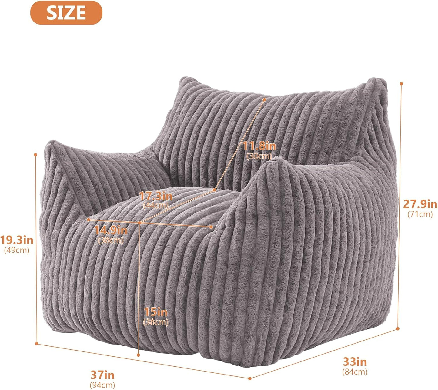 Giant Bean Bag Chairs for Adults with Filling Plush Fluffy Bean Bag Chairs for Teens with Armrests Comfy BeanBag Lazy Couch Sofa Chair for Bedroom Living Room Reading (Dark Gray2, M-for Teens/Adults)