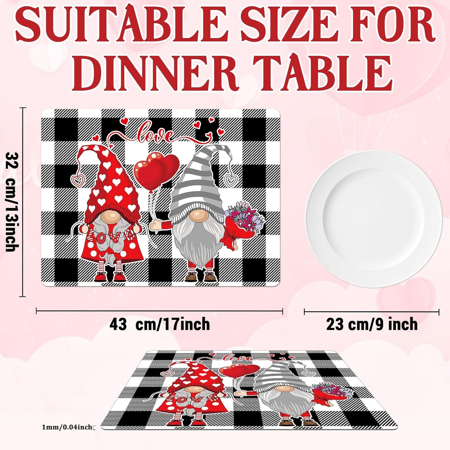 Valentine's Day Placemats Set of 6 Gnomes Plastic Table Mats Buffalo Plaid Place Mats Washable Vinyl Love Hearts Table Decoration for Anniversary Wedding Party Kitchen Dining Table