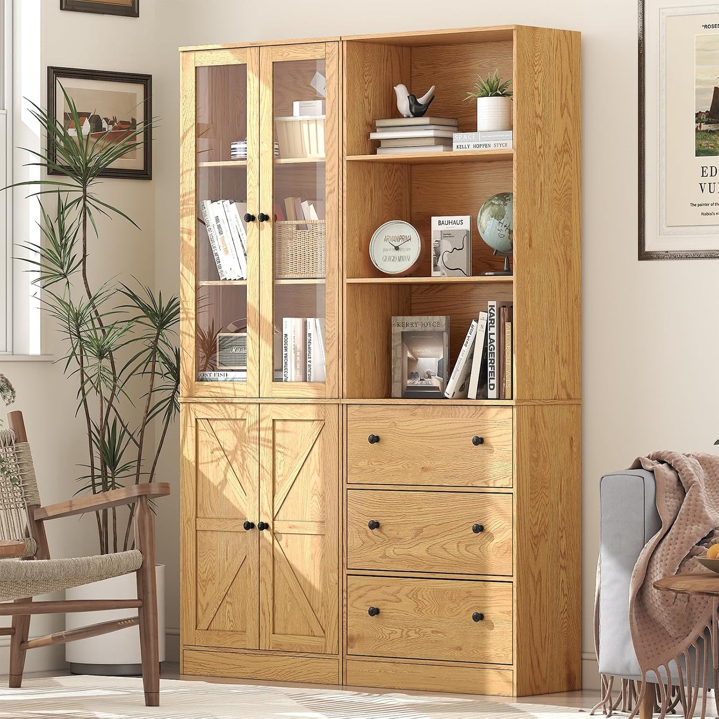 71" Tall Bookshelves Set of 2, Bookcase with Drawers & Bookshelf with Doors, Wooden Bookshelves Floor Standing Display Storage Shelves Home Decor Furniture for Home Office, Living Room,Natural