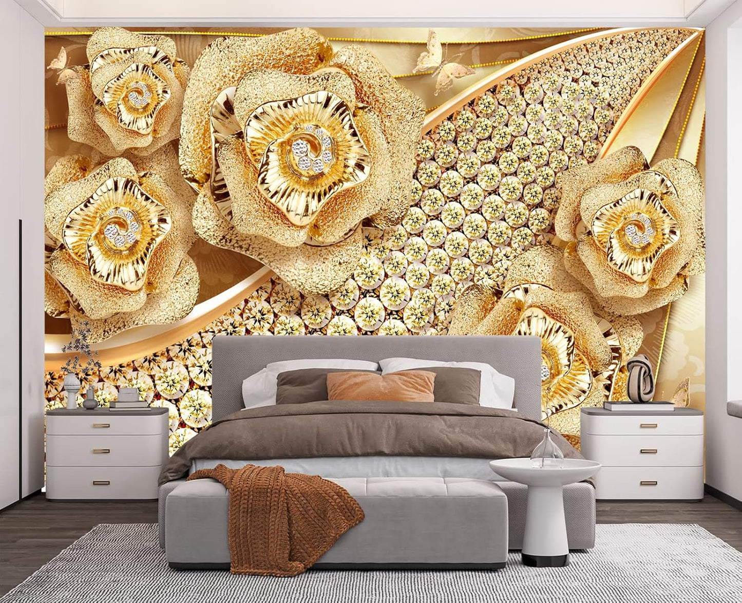 Golden Jewelry Diamond Rose Butterfly Wall Mural Wallpaper for Bedroom 178" x 117"