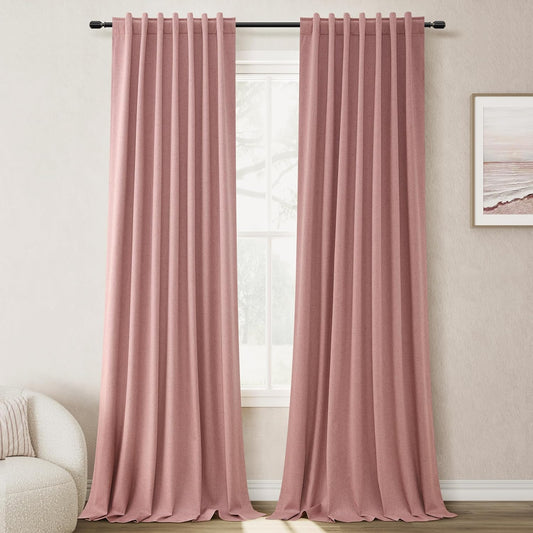 BOODII 108 Inch Black Out Curtains 2 Panels Set Back Tab Thermal Insulated Blush Pink Linen Textured Blackout Curtains Noise Reducing for Farmhouse Living Room Darkening Window Drapes 52x108
