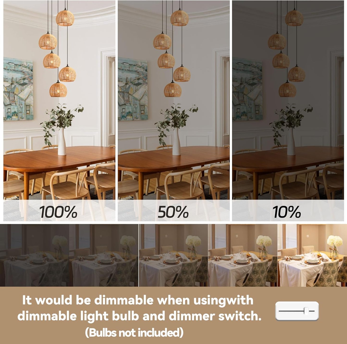 5-Light Woven Foyer Chandeliers for High Ceiling,5 Dome Boho Rattan Pendant Light Farmhouse Wicker Ceiling Light,rustic Hemp rope Light Fixture For Living Room Hallway Staircase Entryway(Bulb Incl.