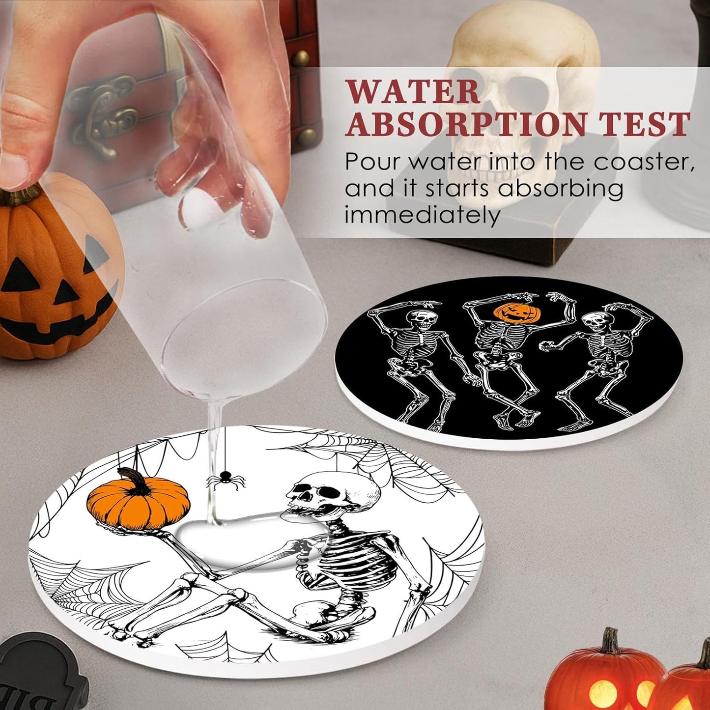 Coaster for Drinks Set of 6, Happy Fall Absorbent Round Ceramic Stone Mat, with Cork Base and Metal Holder