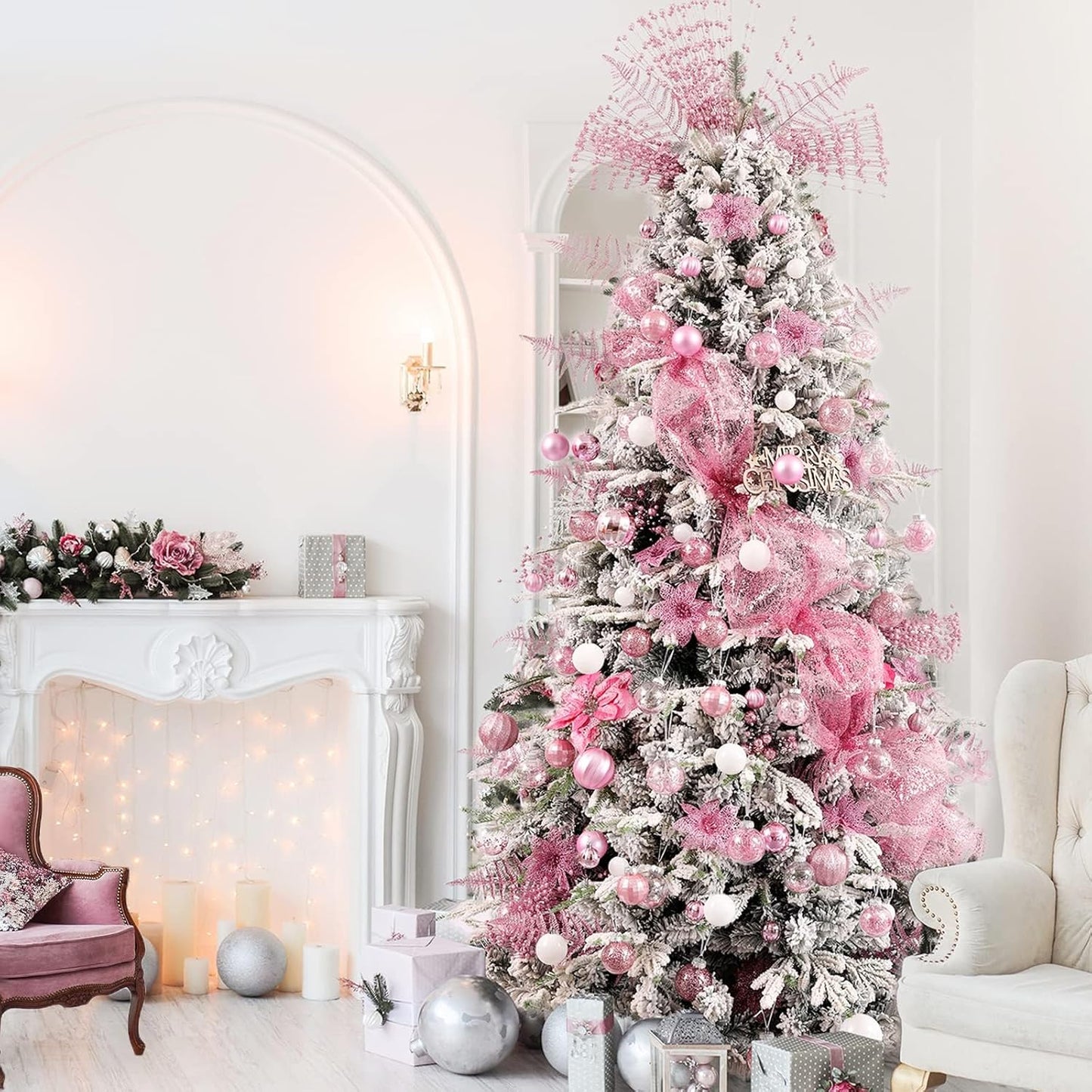 87-Pack Shatterproof Christmas Ball Ornaments Set, Christmas Tree Decorations with Hand-held Gift Package for Xmas Tree Holiday Wedding Party (Pink and White)