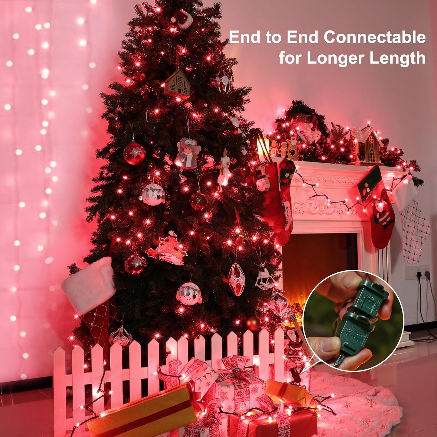 BrizLabs Pink Christmas Lights, 69.6ft 300 Count Pink String Lights Connectable, UL Certified Incandescent Christmas Lights Green Cord, Outdoor Mini Lights Set for Indoor Xmas Party Garden Patio