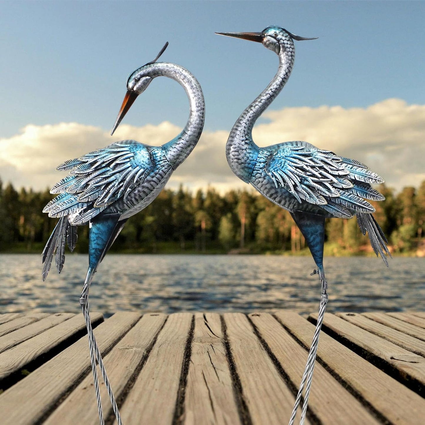 Crane Decor Statues, Blue Heron Garden Statues Metal Yard Art Outdoor Decoy, Garden Sculptures for Yard/Lawn/Pond/Outdoor Decoration, Set of 2