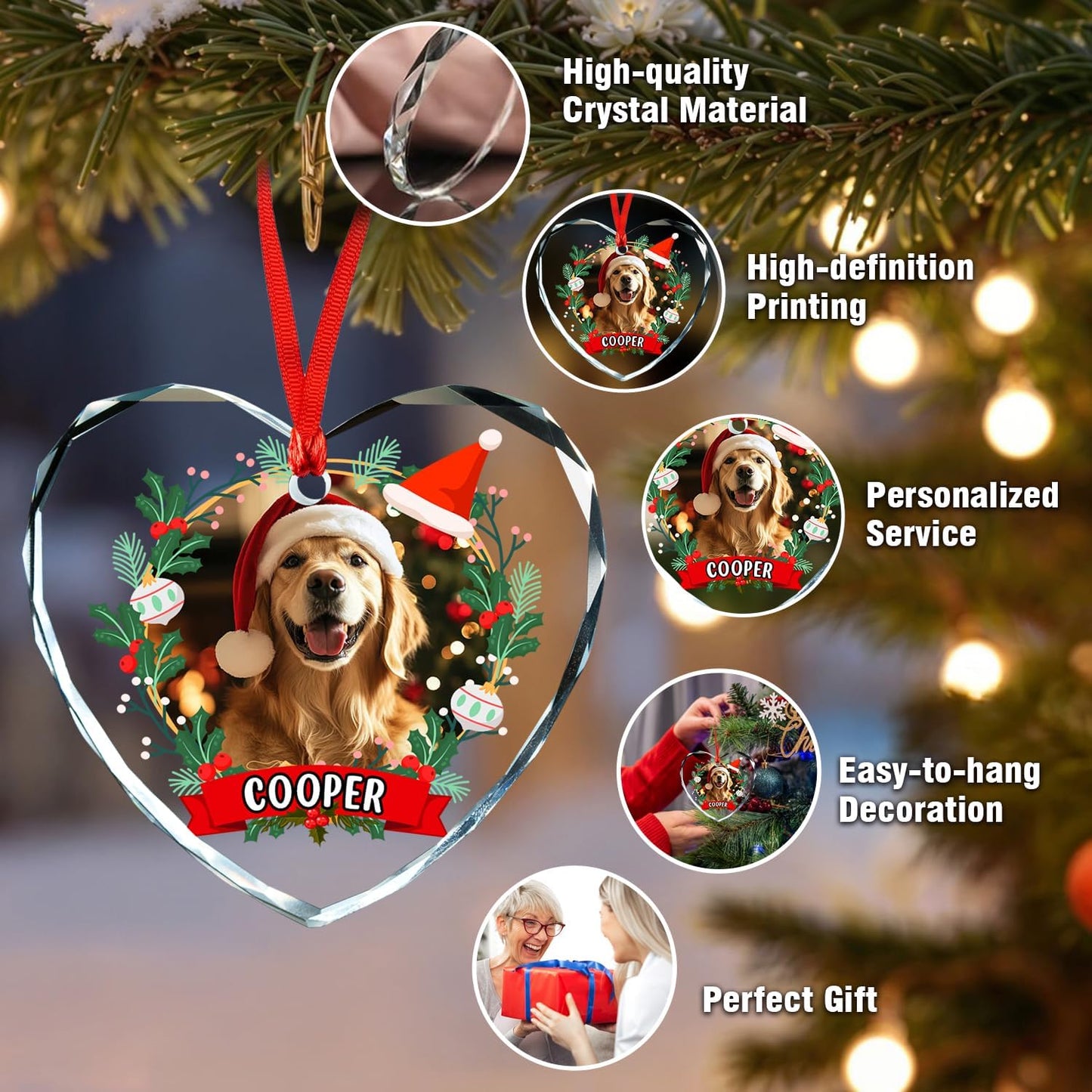 Personalized Photo Ornaments, Custom Heart Glass Christmas Tree Ornament, Custom Crystal Decoration Gifts with Text and Photos