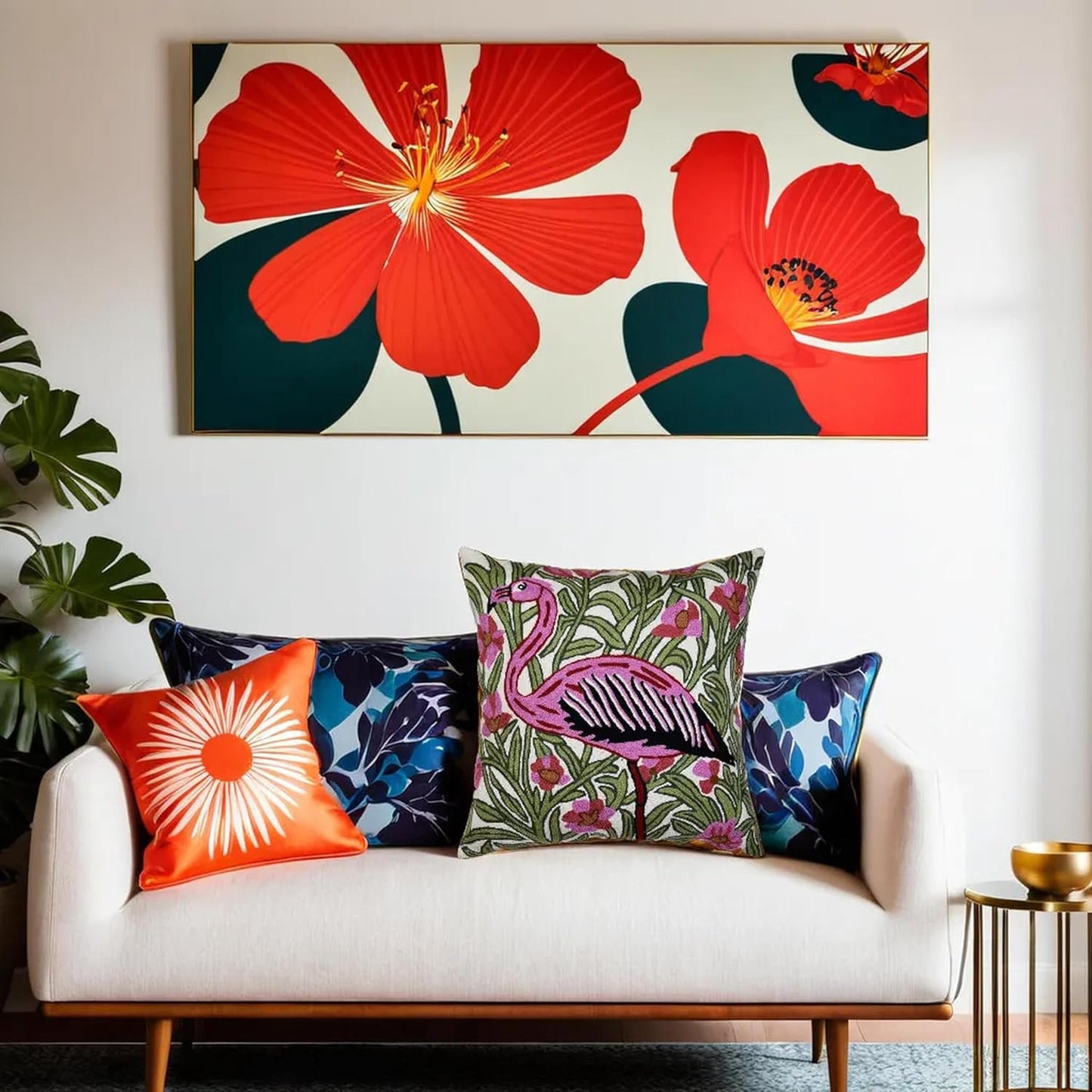 William Morris Flamingo Floral Pillow Cover - Hand Embroidered Modern Flower Pillowcase, Outdoor Cushion, Suzani Farmhouse Chair Throw, Couch Cushions - Wool, Size 18x18