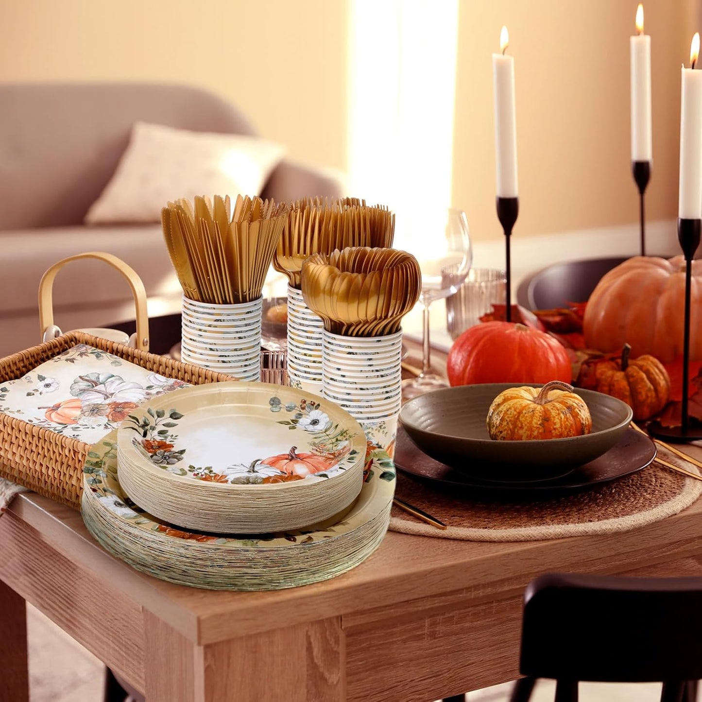 350 Pcs Thanksgiving Fall Party Supplies Dinnerware Set Disposable Plates Napkins Paper Cups Plastic Cutlery for Autumn Thanksgiving Harvest Party Decor Serves 50 (Pumpkin Floral)