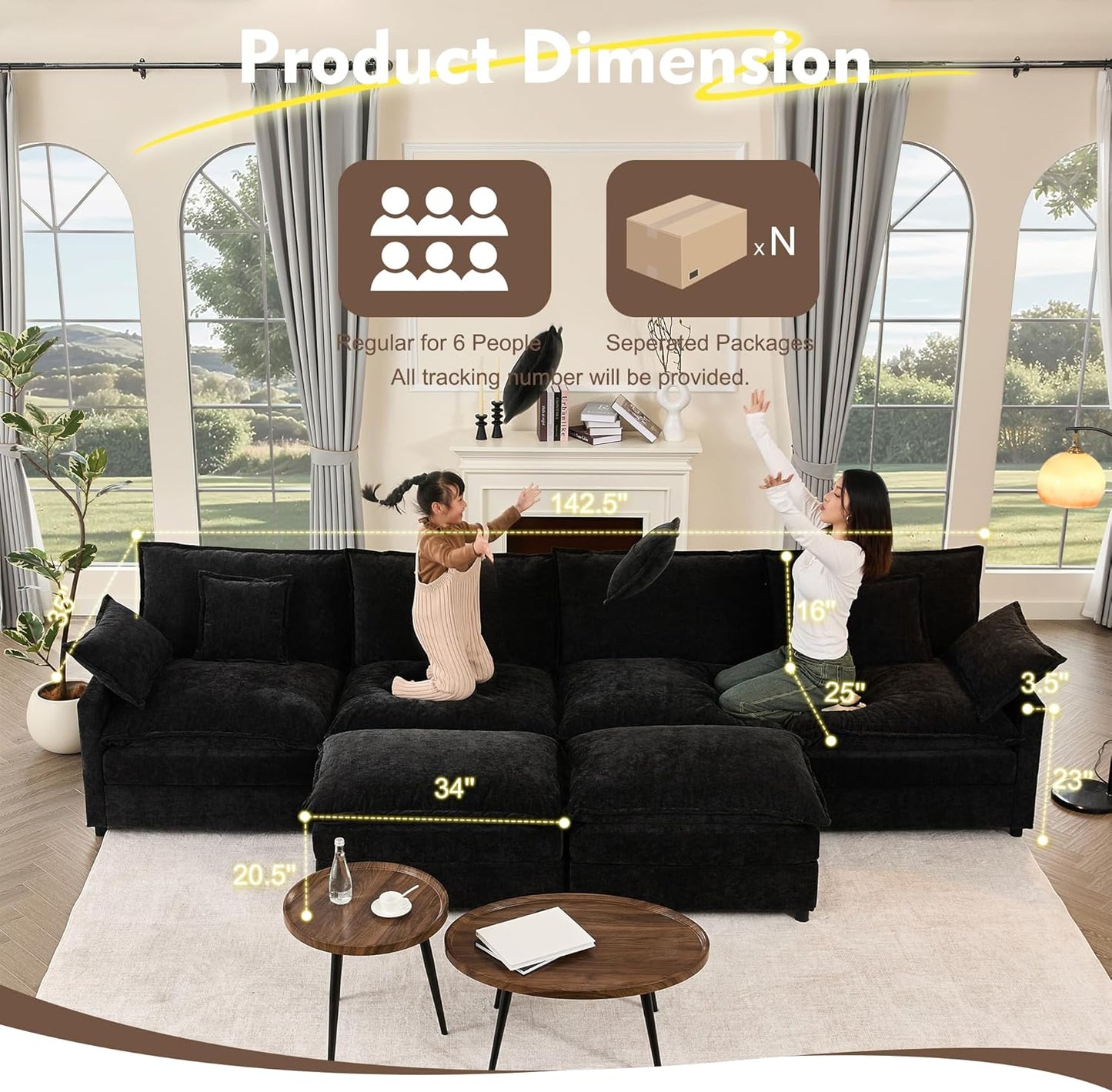 142.5" U Shaped Couch, Modular Sectional Sofa, 3-Seater Comfy Cloud Couch with Movable Ottoman, Deep Seat Couches for Living Room, Chenille, Black