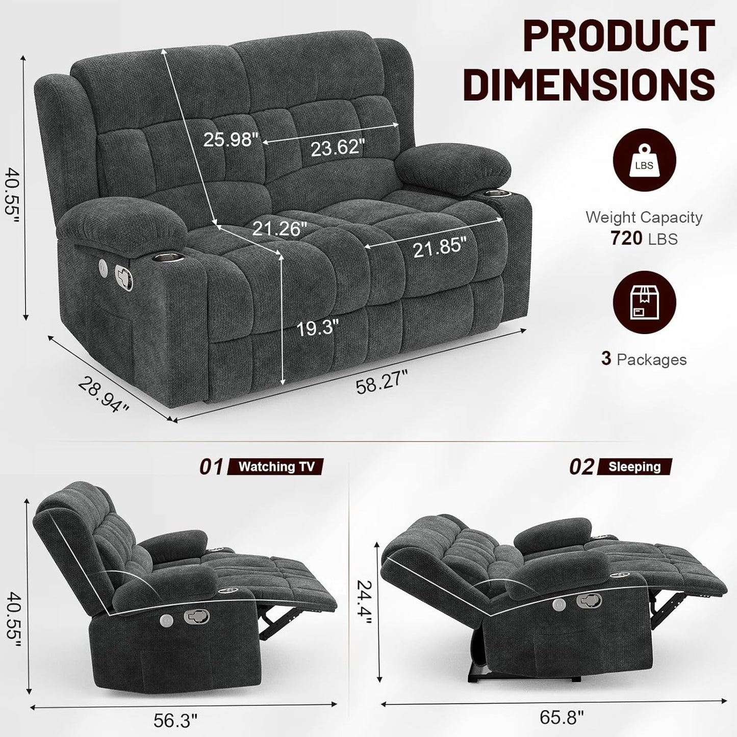 Loveseat Recliner Sofa Set with 2+1+1 Pieces, 2 Seater Minimalist Style Fabric Manual Pull Tab Reclining Loveseat with USB Charge Ports, Cup Holders, Recliner Couches for Living Room, RV, Gray