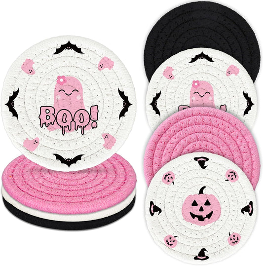 Whaline 4Pcs Halloween Handmade Braided Cotton Coasters Pink Black Pumpkin Ghost Boo Drink Coasters Absorbent Cup Coasters for Home Office Party Decor, 4.3 Inch