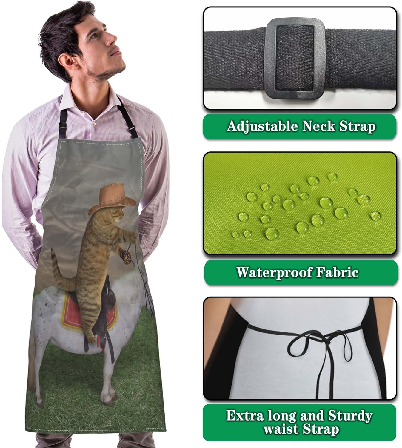 Kitchen Aprons for Women the Cat Cowboy on a Horse Mans Cooking Apron for Cooking Restaurant BBQ Painting Crafting Gardening 27” (W) x 31” (H), Waterproof Aprons