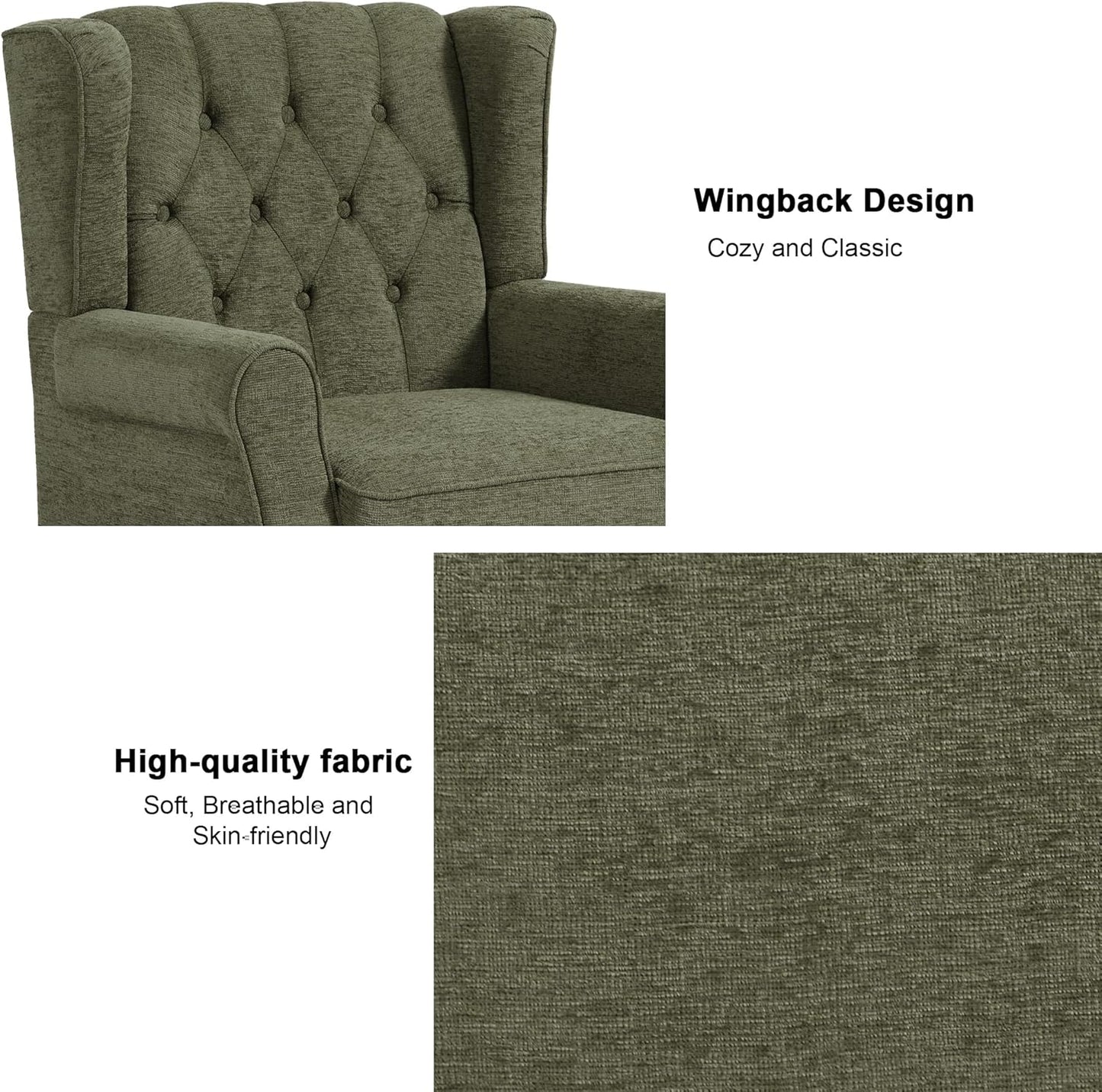 Accent Chair, Upholstered Armchair with Button Tufted High Back & Solid Wood Legs, Comfy Wingback Reading Single Sofa Chair for Small Spaces, Living Room, Bedroom (Green, Set of 2)