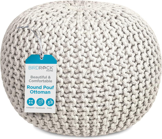 BIRDROCK HOME Round Pouf Ottoman | Cotton Braided Foot Stool with Bean Bag Filling | Boho Foot Rest for Living Room & Bedroom | Compact & Comfortable Seating, Lightweight & Soft | Ivory