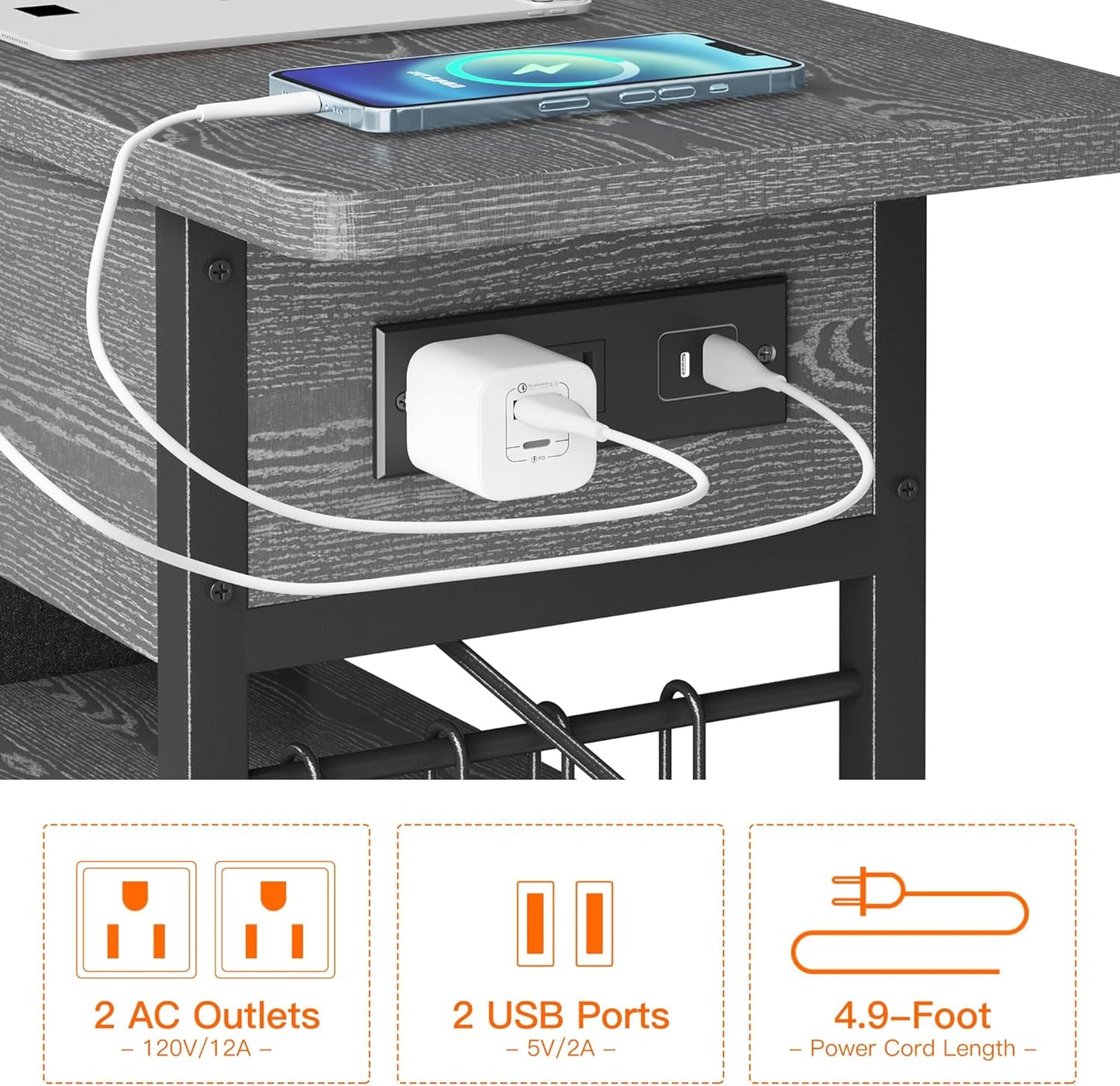 End Table with Charging Station, Flip Top Nightstand with USB Ports and Outlets,Couch Side Table with Fabric Bag and Hooks, Bedside Table for Space Saving, Living Room, Bedroom (Grey)