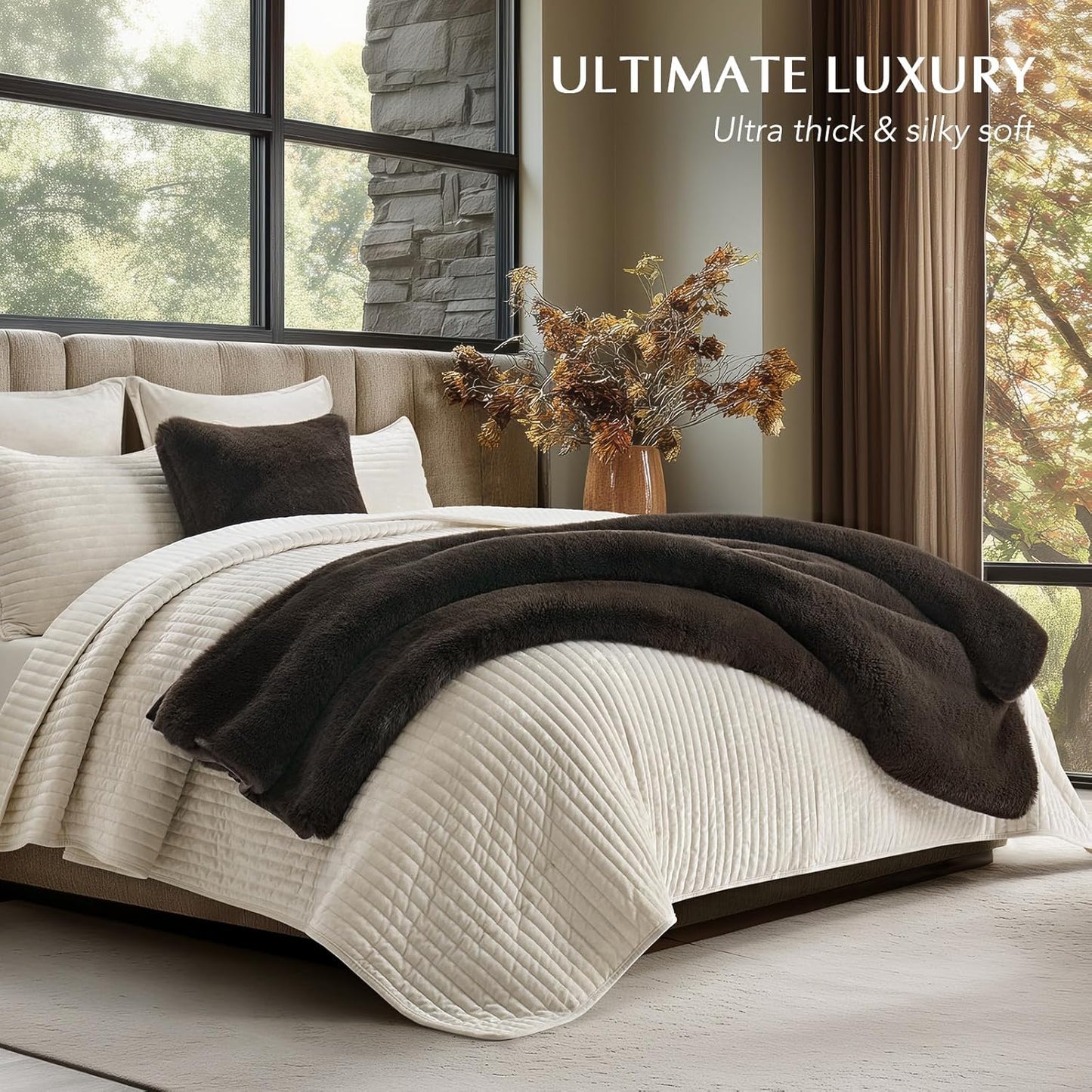 Luxury Soft Faux Chinchilla Fur Throw Blanket for Couch, Warm Thick Heavy Winter Throw Blanket 1220GSM for Bed, Fluffy Cozy Mink Blanket with Reversible Velvet, Espresso Mink, 50"x60"