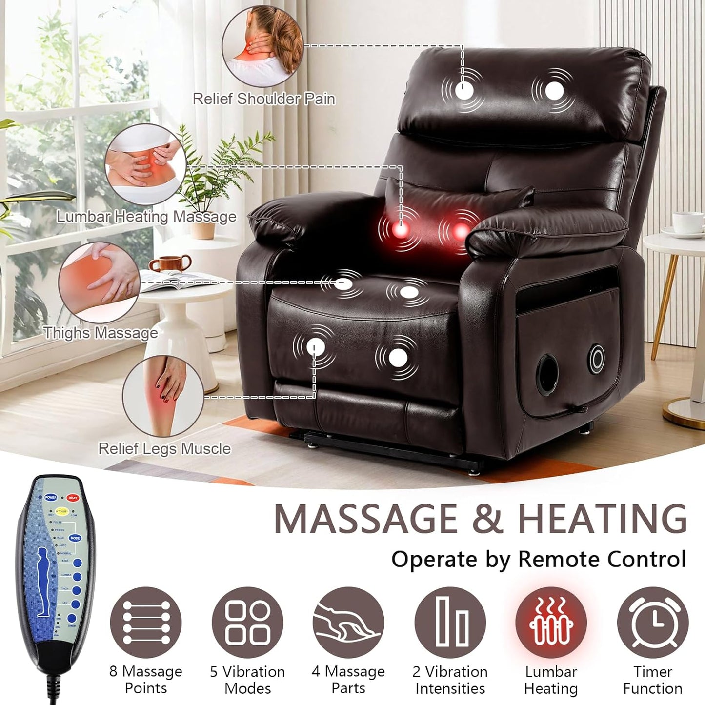 Dual Motor Power Lift Recliner Chair for Adult & Elderly, Infinite Position Lay Flat Lift Chair with Heat & Massage, Cup Holder, Lumbar Pillow, Wireless Charger, USB Ports, Leather (Brown)