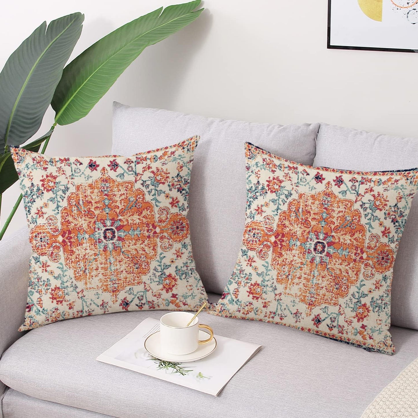 Outdoor Waterproof Pillow Covers - 20x20 Inch Set of 2 Bohemian Vintage Carpet Pattern Pillow Covers in Orange and Blue Ethnic Design for Decorative Farmhouse, Couch, Garden, Balcony