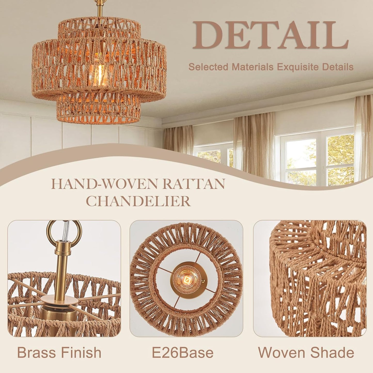 12.6" Hand-Woven Rattan Pendant Light Fixture Vintage Farmhouse Boho Bamboo Pendant Lighting Mini Drum Wicker Rattan Golden Chandelier for Kitchen Island, Bedroom, Dining Room, Entryway, Foyer