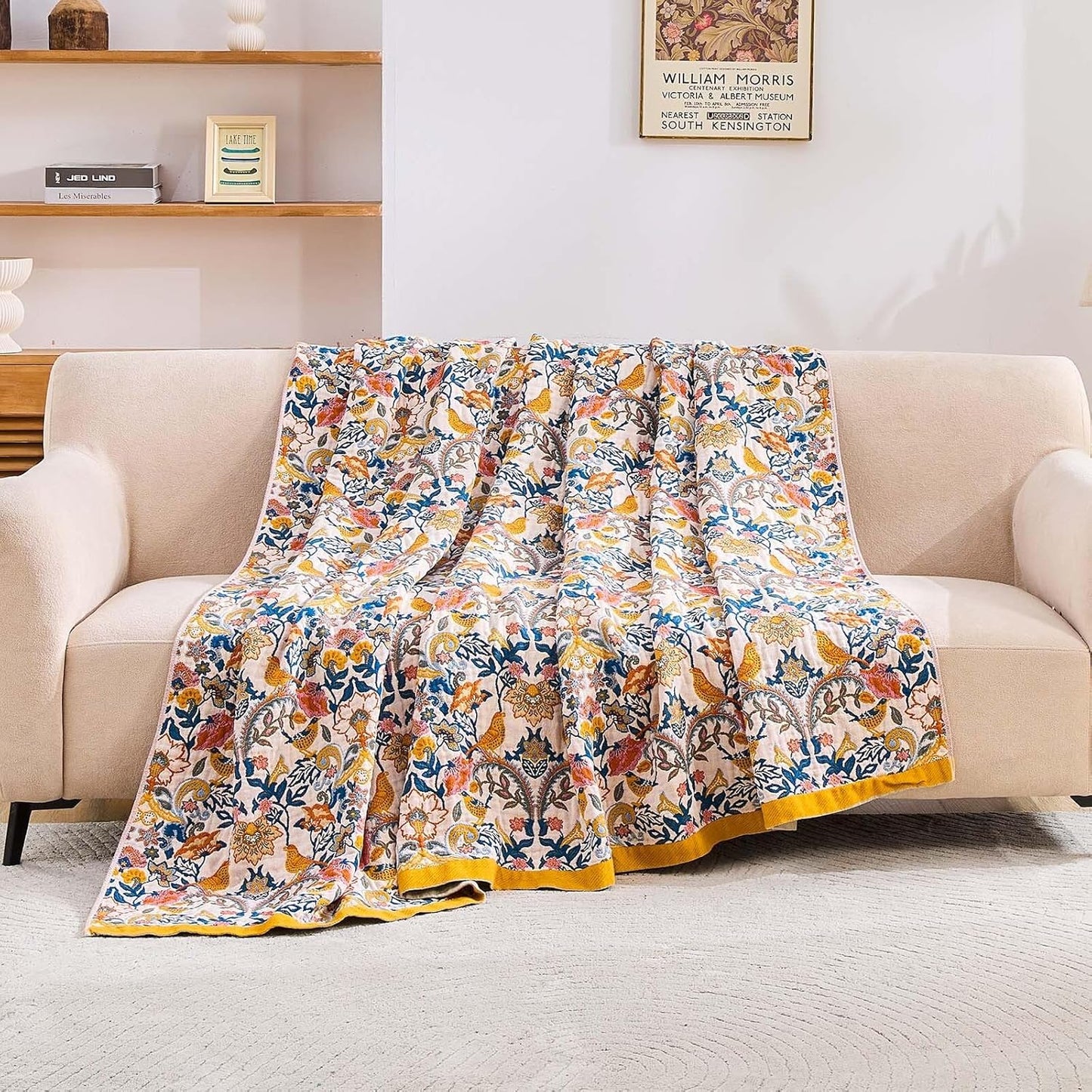 Boho Blanket Throw Quilt, 100% Cotton Soft Light Weight Throw Blankets for Summer, 50"x60" Farmhouse Flower Decorative Blankets, All Season Rustic Reversible Bohemian Throw Quilt