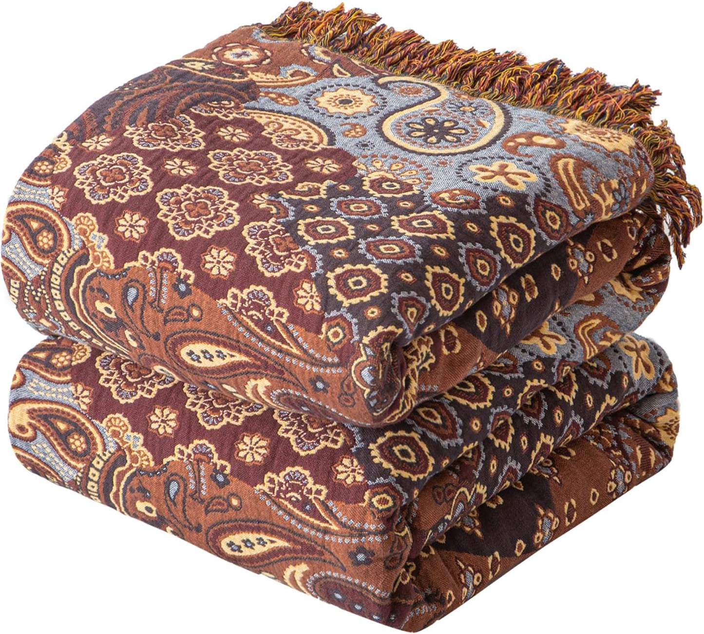 Boho Throw Blanket for Couch Sofa Bed, 100% Cotton Woven Quilt with Tassel 60”x80”, Super Soft Muslin Blanket with Patchwork Printed, Decorative Reversible Bed Blanket/Cover for All Seasons