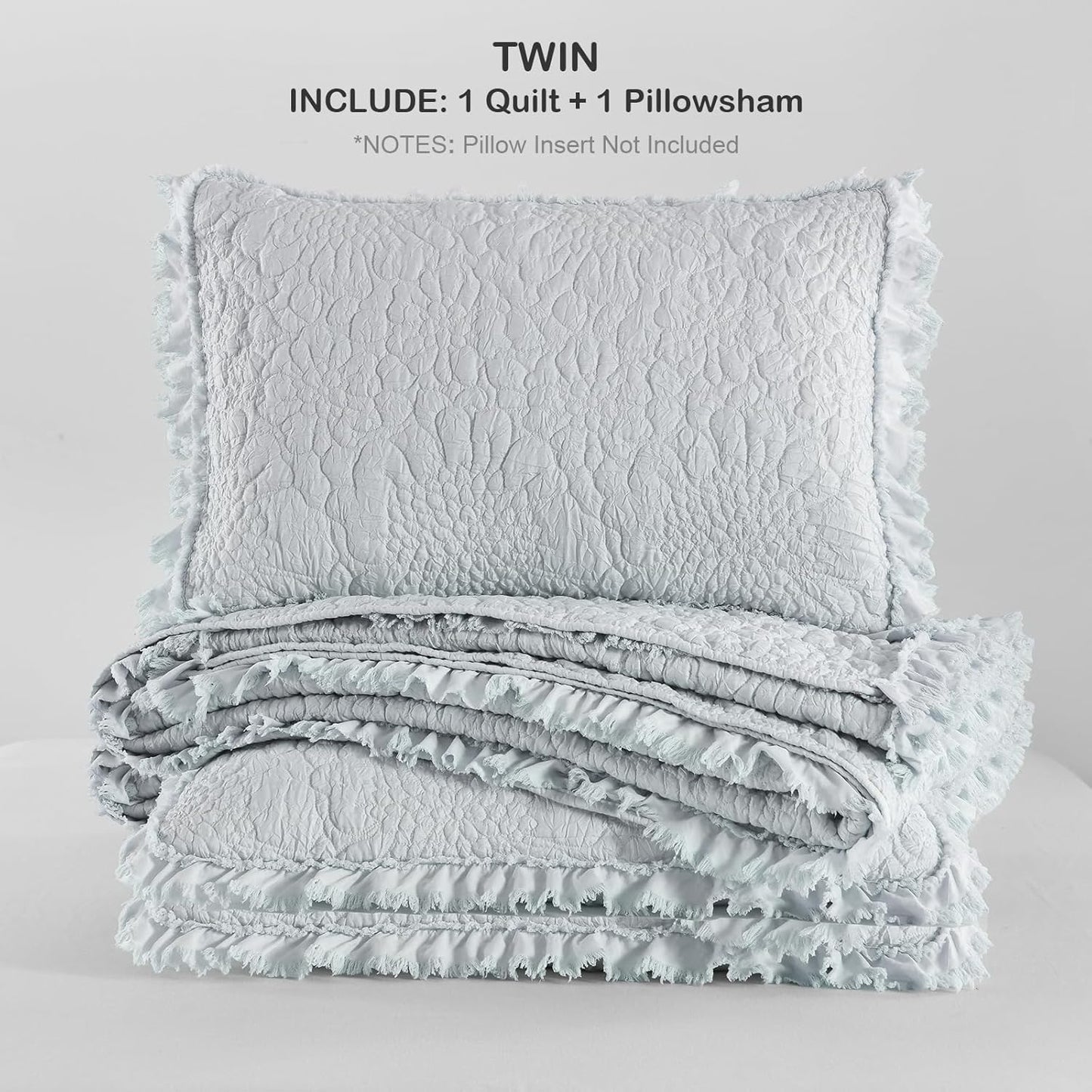 HORIMOTE HOME Light Blue Ruffled Quilt Twin Size, Stone-Washed Microfiber Lightweight Crinkled Farmhouse Rustic Shabby Chic Bedding Set, 2 Pieces Reversible Bedspread with Pillow Sham for All Season