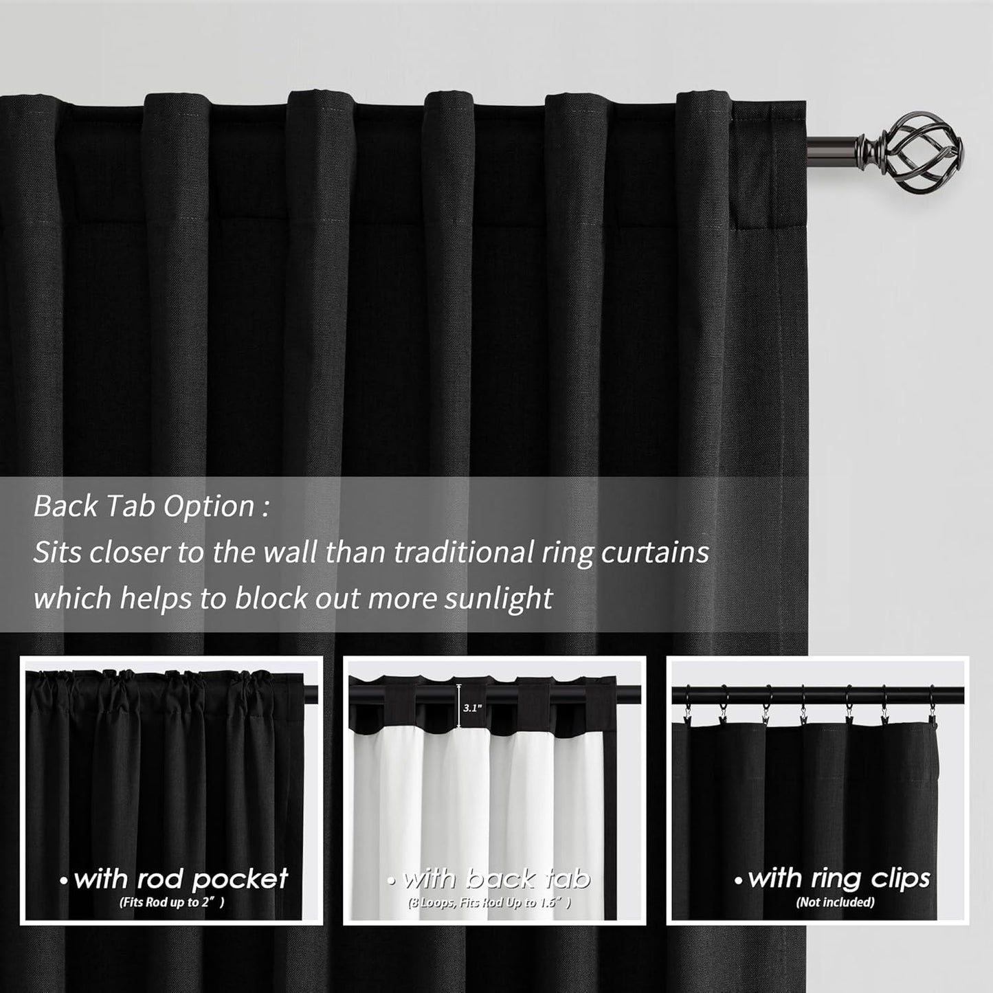 BOODII Linen Blackout Curtains for Bedroom 72 Inch Length 2 Panels Set Room Darkening Curtains Black Black Out Curtain Elegant Thermal Insulated Living Room Window Drapes Back Tab 52x72