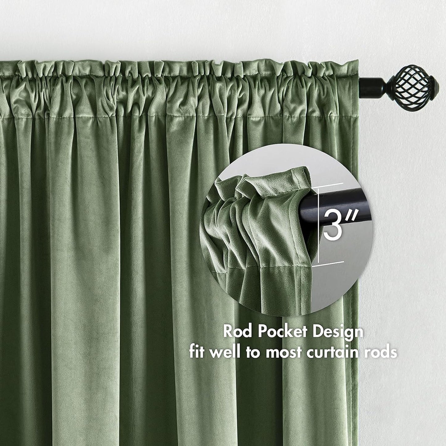 MIULEE Velvet Curtains Sage Green Thermal Insulated Blackout Curtain Drapes for Bedroom Living Room Darkening 72 Inches Long Curtains Panels Rod Pocket Set of 2