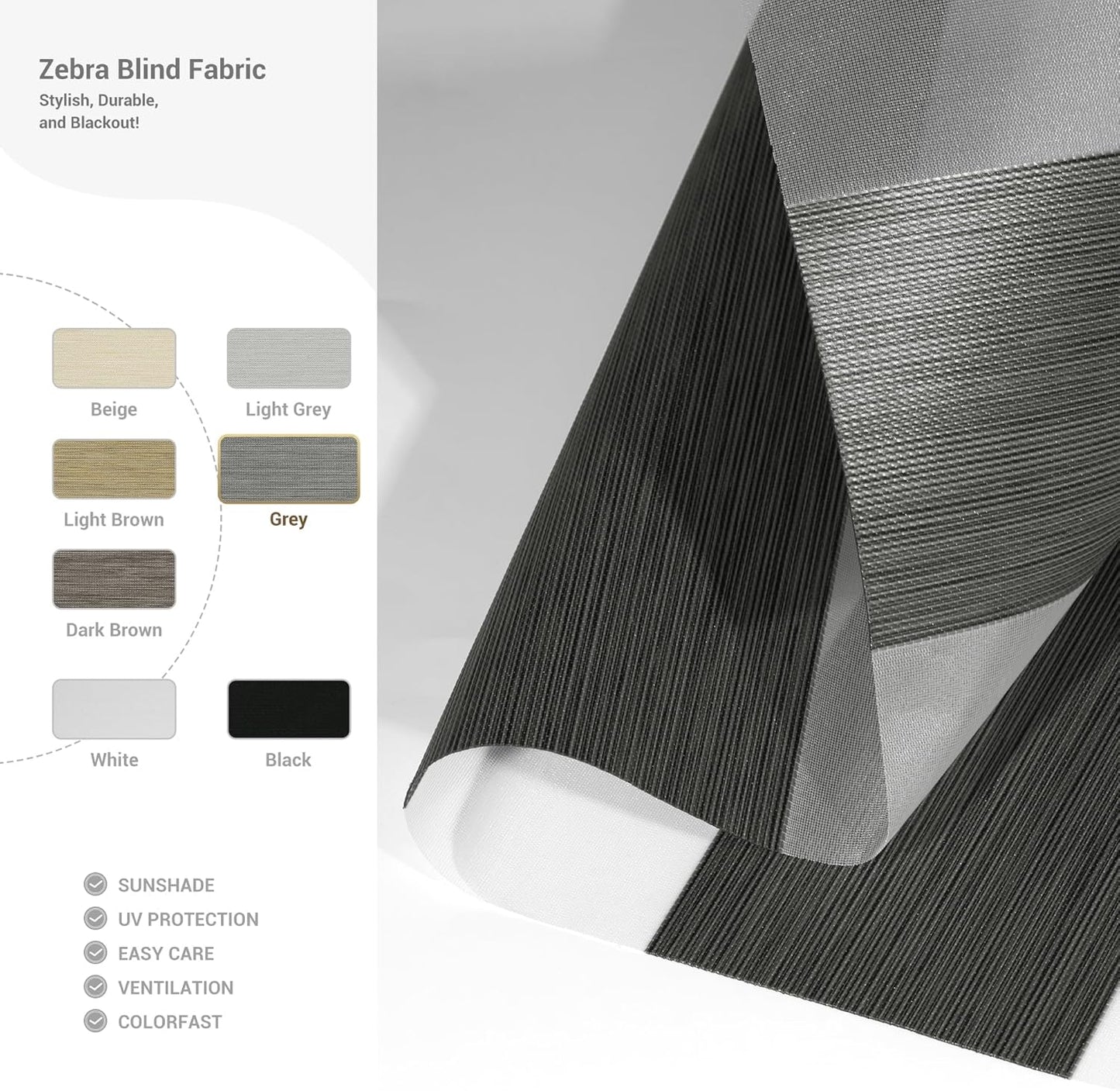 Cordless Zebra Blinds for Windows, Blackout Interior Blinds,Easy to Install,UV Protection,for Offices and Home,Custom Roller Shades, Mousse Grey,76" W x 36" H