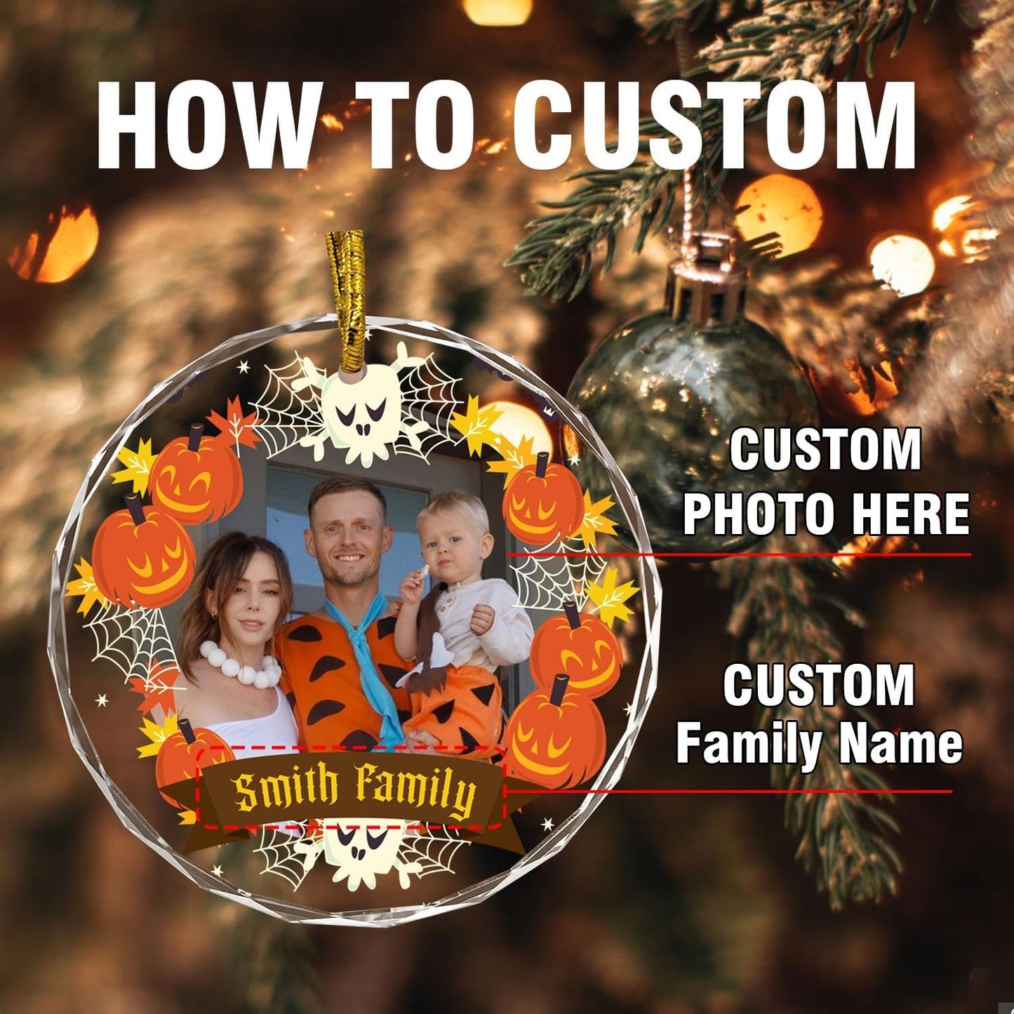 Custom Crystal Ornament, Personalized Halloween Family Hanging Ornament, Halloween Spooky Glass Hanging Decor, Spooky Pendent, Ghost and Pumpkin Hanging Gifts for Mom/Dad