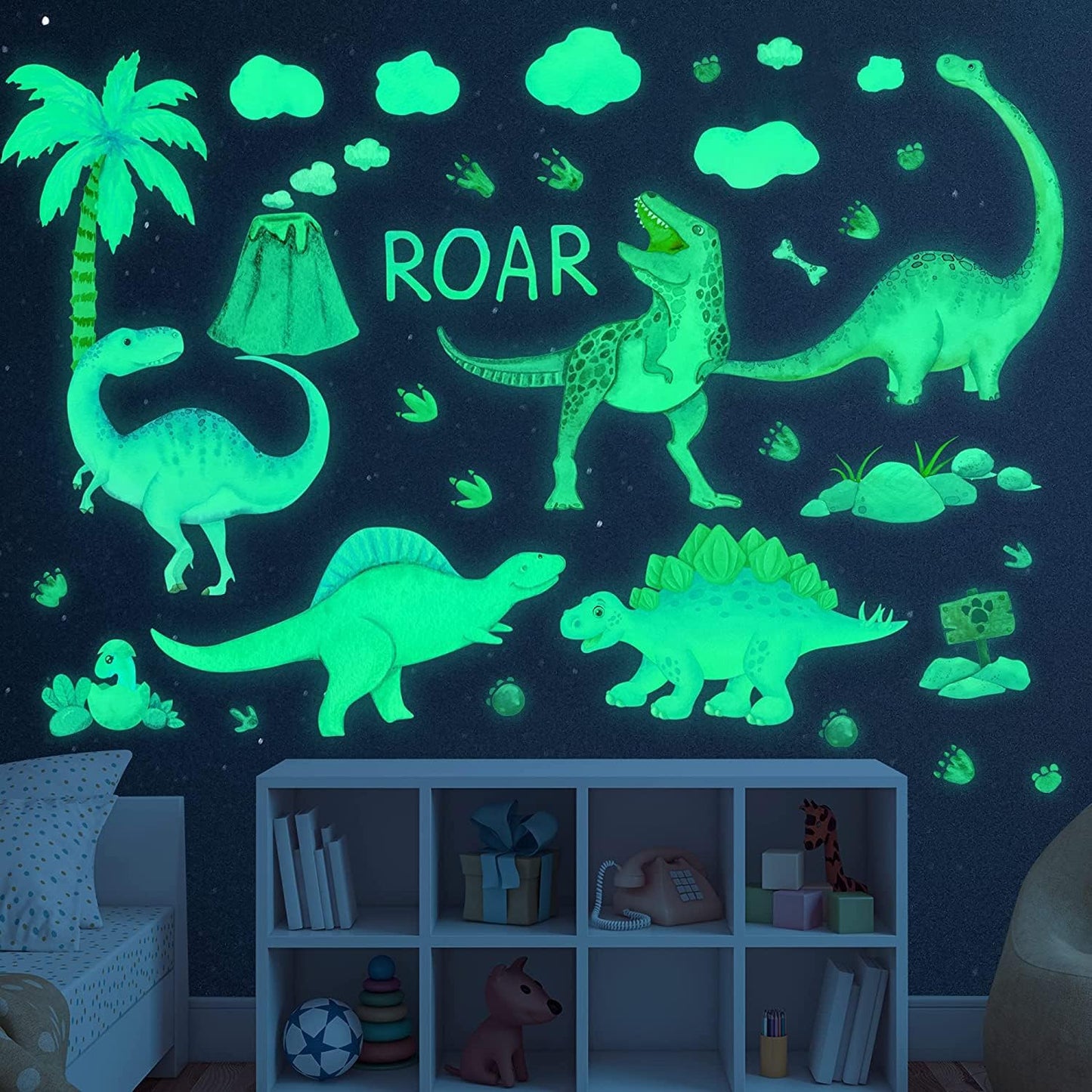 Dinosaur Wall Decals Glow in The Dark Dinosaur Wall Stickers Watercolor Dinosaur Decal Large Removable Vinyl Dino Wall Decals for Boys Bedroom Kids Girls Nursery Playroom Living Room Wall Decor Green