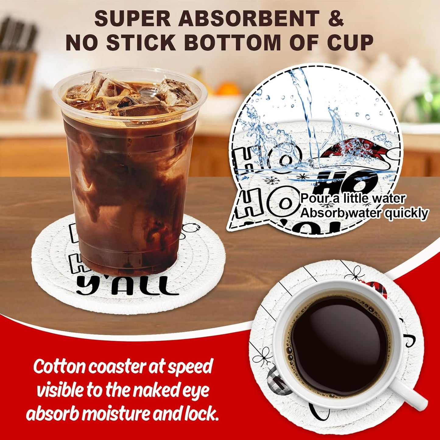 Whaline Merry Christmas Cotton Coasters Xmas Plaid Tree Gnome Handmade Braided Drink Coasters Absorbent Cup Mats for Christmas Holiday Party Home Table Decor, Set of 4