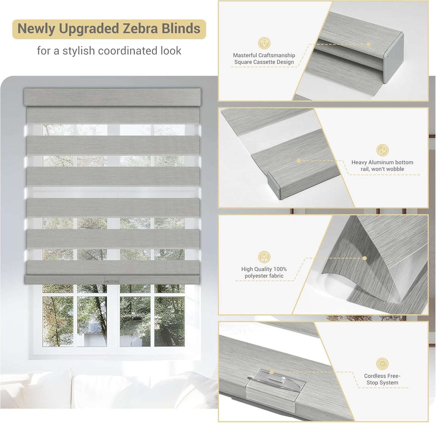Cordless Zebra Blinds for Windows, Blackout Interior Blinds,Easy to Install,UV Protection,for Offices and Home,Custom Roller Shades, Mousse Light Grey,19" W x 88" H