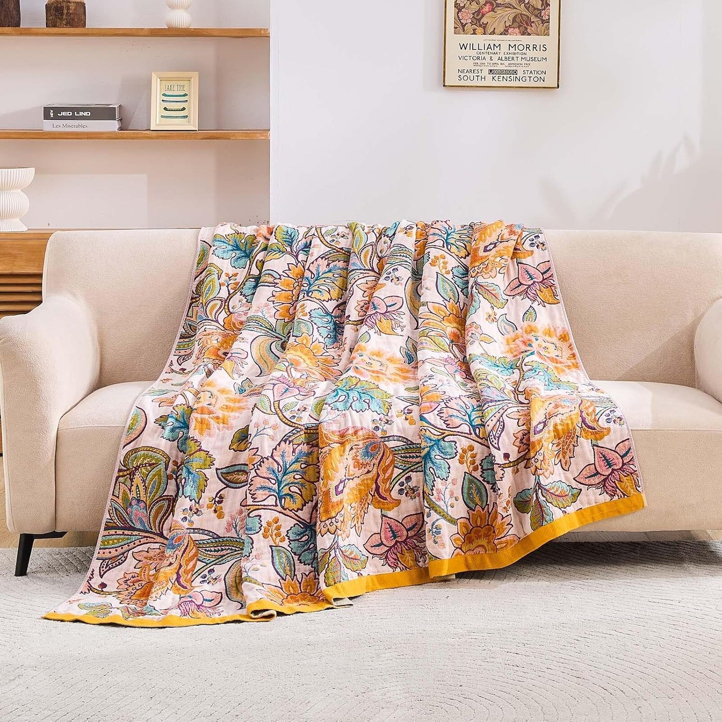 Boho Throw Blanket for Bed, 100% Cotton Soft Rustic Quilt Fall Blanket, 50"x60" Floral Printed Farmhouse Decor Bed Blankets, All Season Rustic Reversible Bohemian Throw Quilt