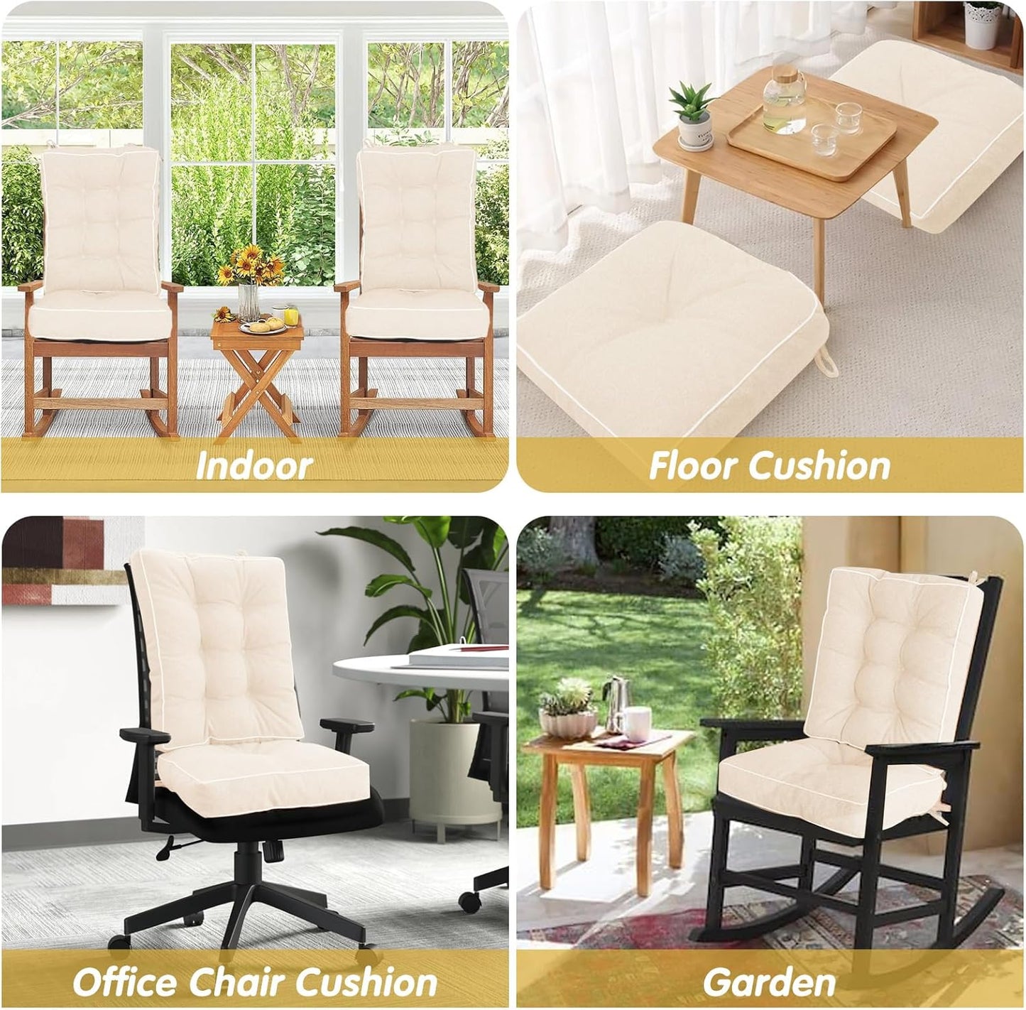 YZ HOME Rocking Chair Cushion, Set of Thicken Seat & Back Chair Cushions with Memory Foam, Non-Slip Chair Pad with Ties for for Indoor&Outdoor Rocker, Beige, 28 * 18 * 5/18x18x5