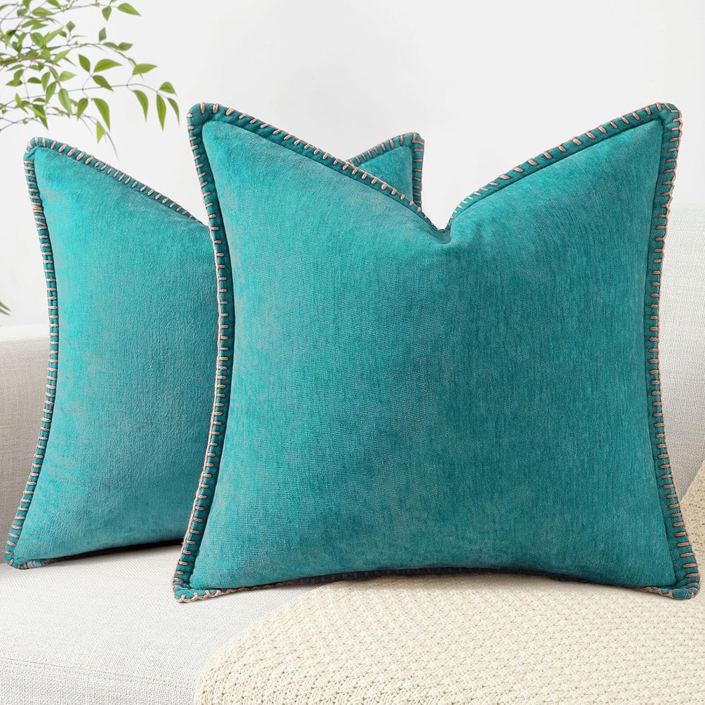 decorUhome Chenille Soft Throw Pillow Covers 20x20 Set of 2, Farmhouse Velvet Neutral Decorative Euro Pillow Covers with Stitched Edge for Couch Sofa Bed Home Decor, Turquoise