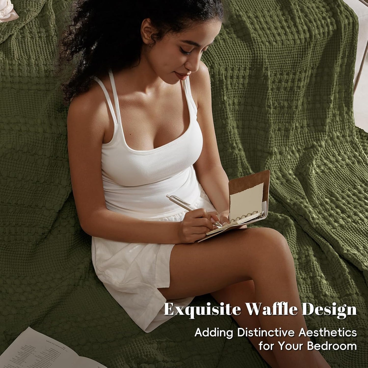 PHF 100% Cotton Waffle Weave Blanket Twin Size, Soft Lightweight Breathable Cozy Summer Blankets for Bed, Luxury Aesthetic Woven Bedding for Home Decor, 66"x90", Capulet Olive