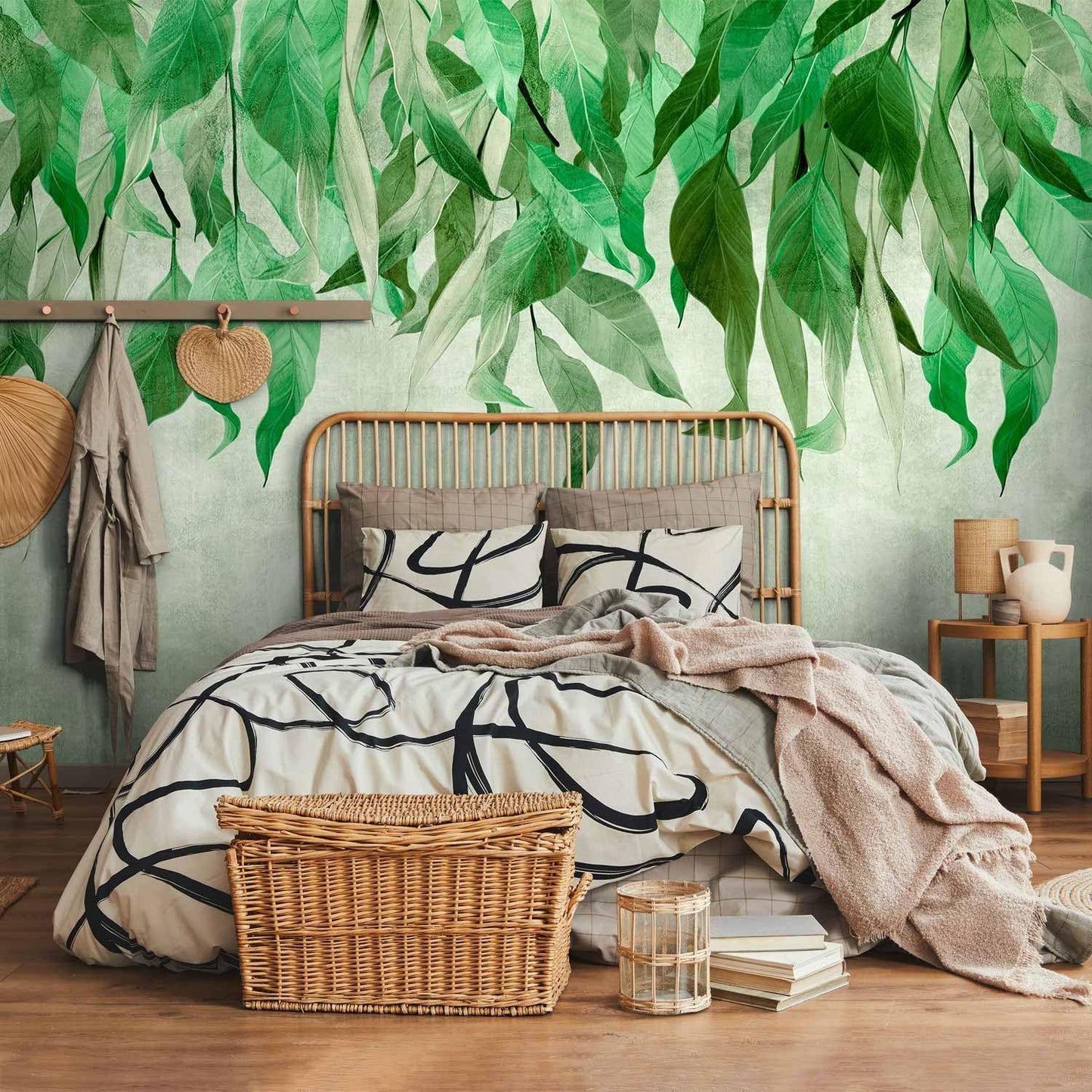 artgeist Premium Wall Mural Hanging Leaves 79x55 in - Non-Woven Wallpaper Fleece Wall Decor Photo Print Picture Image Design Nature Botanical Concrete Green Like Painted b-C-10146-a-a