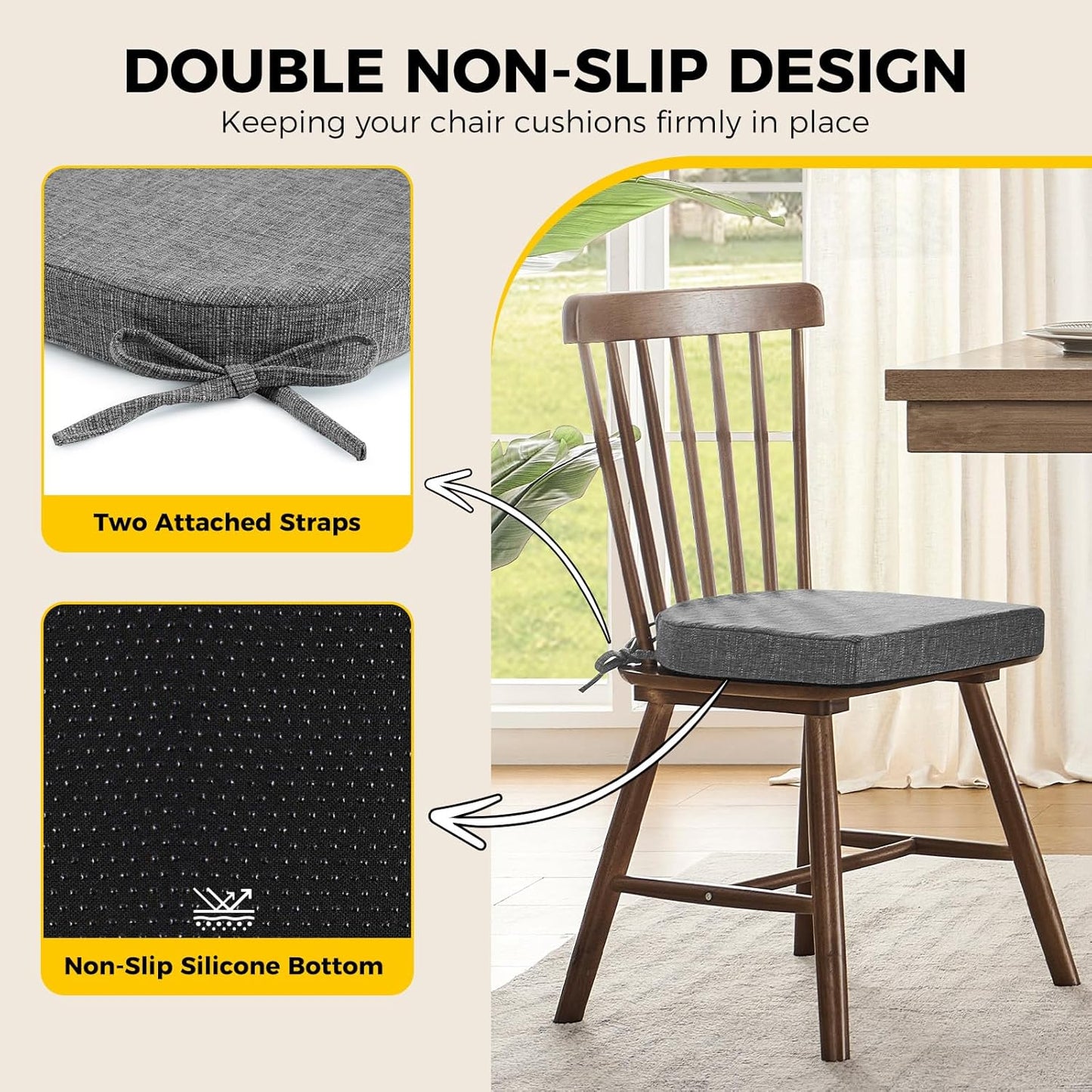 downluxe Indoor Chair Cushions for Dining Chairs, Soft and Comfortable Textured Foam Kitchen Chair Pads with Ties and Non-Slip Backing, 16" x 16" x 2", Dark Grey, 4 Pack