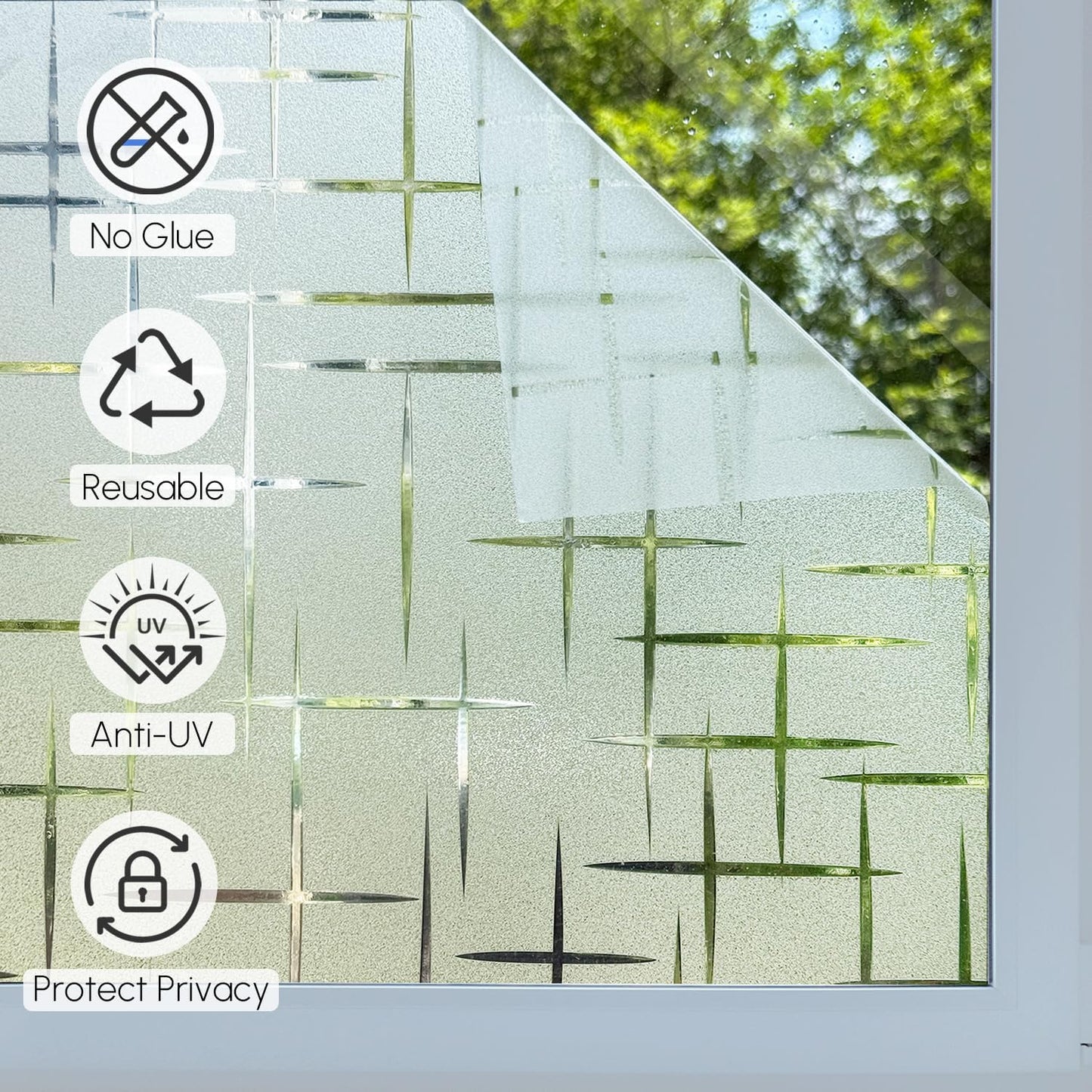 HIDBEA Window Privacy Film, Decorative Staic Cling Frosting Film, Heat Control UV Blocking Non-Adhesive Window Sticker for Home, Cross Pattern,17.5 X 78.7 Inch