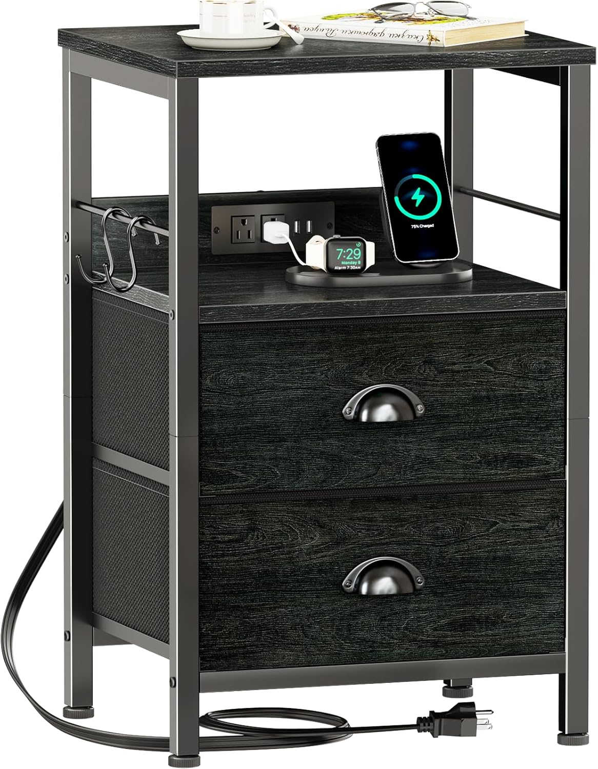 Furologee Nightstand with Charging Station, Black Night Stand with 2 Fabric Drawers, Side Table with USB Ports, End Table with Storage Shelf, for Living Room/Bedroom, Black Oak