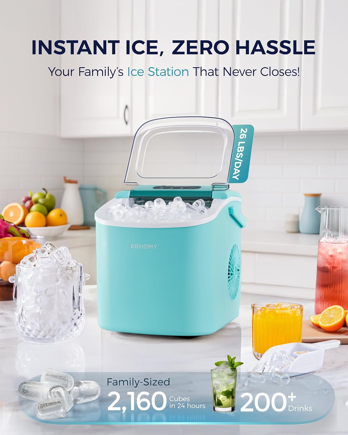 EUHOMY Countertop Ice Maker Machine with Handle, 26lbs Per Day, 9 Ice Cubes Ready in 6 Mins, Auto-Cleaning Portable Ice Maker with Basket and Scoop, for Home/Kitchen/Camping/RV (Green)