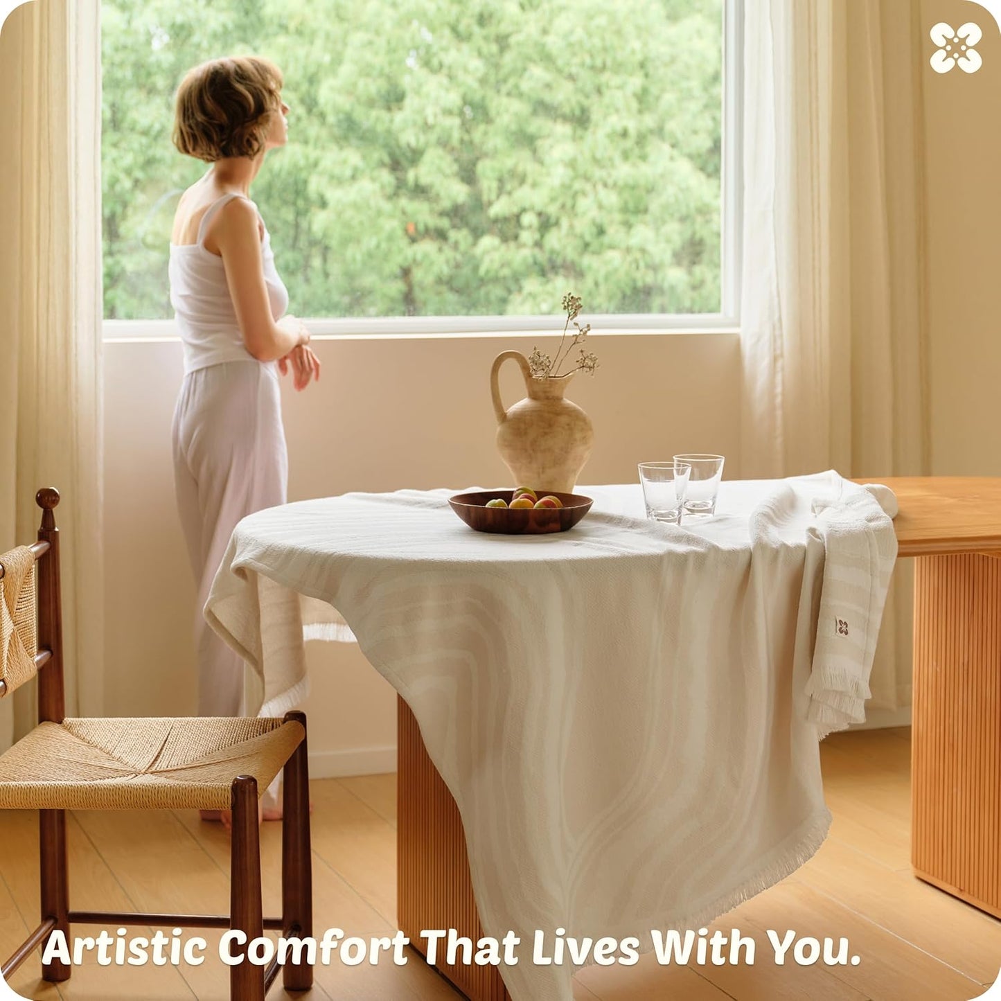 Bedsure 100% Cotton Throw Blanket for Couch - Chenille Woven Textured Blanket Gifts for Women, Cozy and Soft for All Seasons, Home Decor Boho Throw for Bed, Sofa, Oat Milk, 50x60 Inches