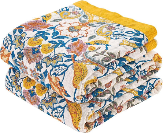 Boho Blanket Throw Quilt, 100% Cotton Soft Light Weight Throw Blankets for Summer, 50"x60" Farmhouse Flower Decorative Blankets, All Season Rustic Reversible Bohemian Throw Quilt