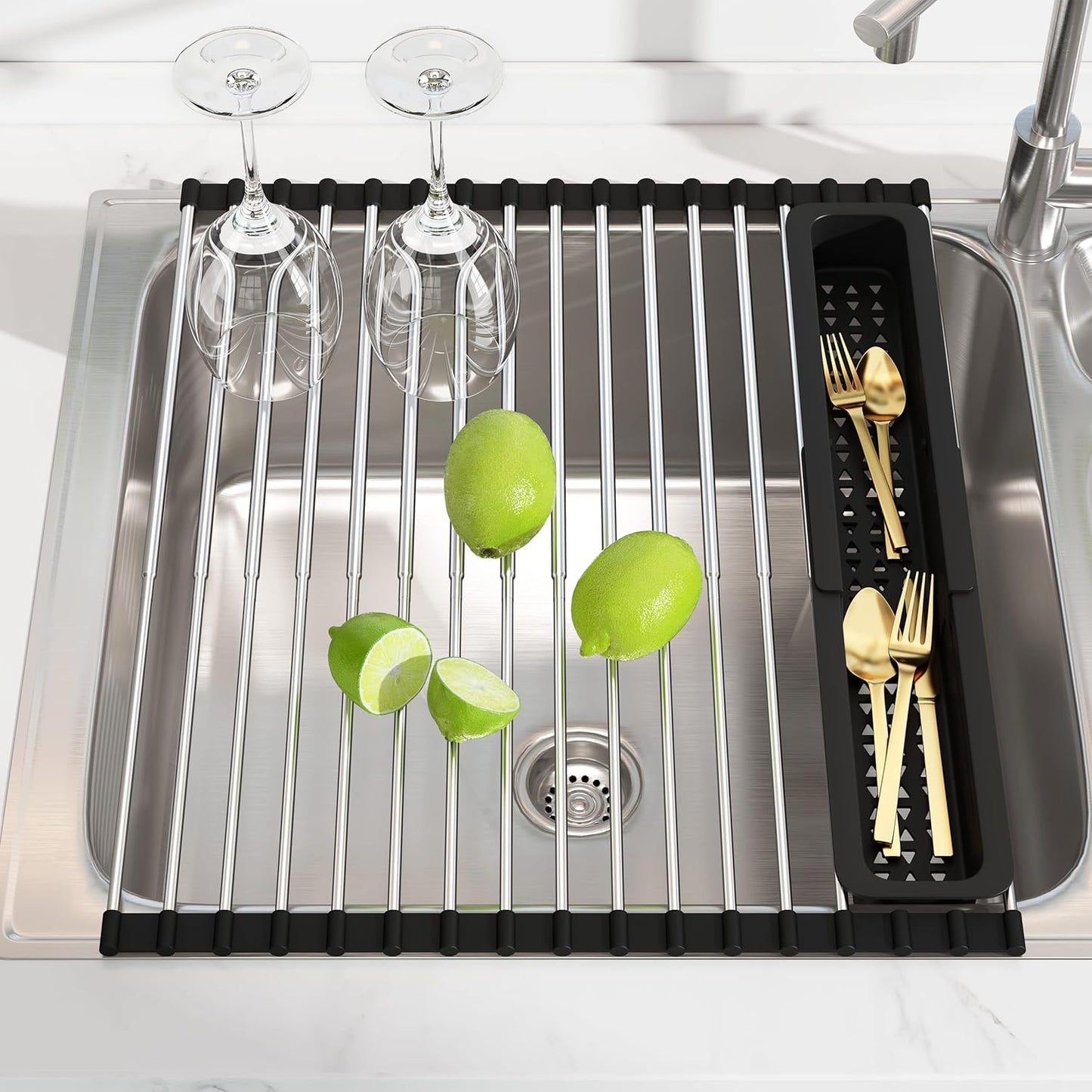 Dish Drying Rack, Roll Up Dryer Rack for Inside Sink, Expandable (12.8"-23.8" D x 15.5" W) 304 Stainless Steel Dish Drainers for Kitchen Counter, Over Sink Cover with Utensil Holder