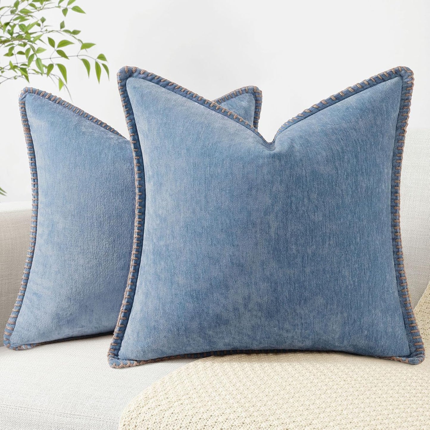 decorUhome Chenille Soft Throw Pillow Covers 24x24 Set of 2, Farmhouse Velvet Neutral Decorative Euro Pillow Covers with Stitched Edge for Couch Sofa Bed Home Decor, Blue