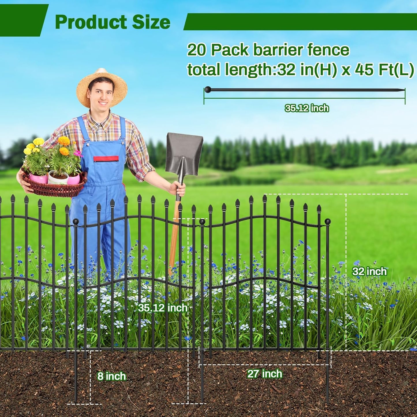 20 Panels Tall No Dig Garden Fence - 32in H x 45ft L 19 Panels + 1 Gate, Reinforced Square Tube Rustproof Animal Barrier, Decorative Metal Fencing for Yard & Outdoor Dog Pet Play Areas